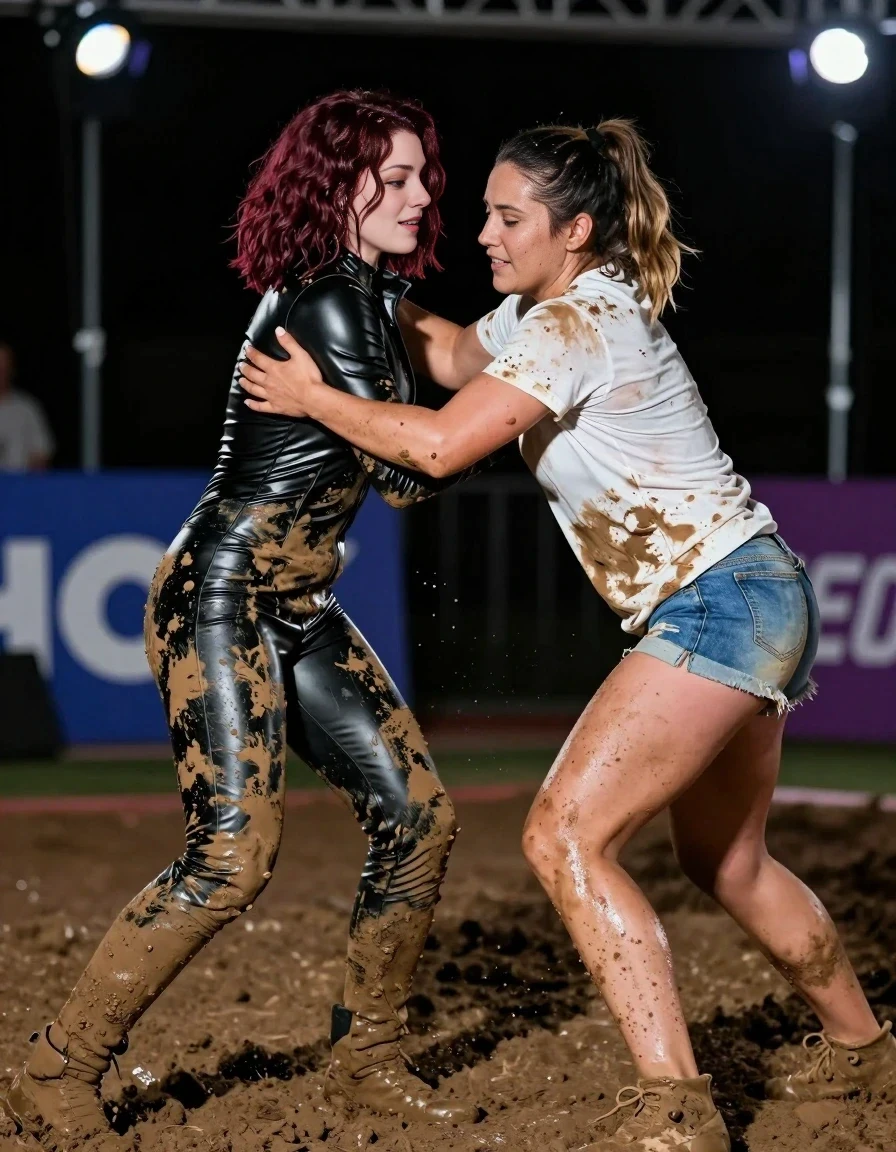 a realistic vertical action photograph of two women wrestling in a mud pit at night, the woman on the left is the adult woman with shoulder-length dark auburn hair wearing a mud-covered liquid-black vinyl bodysuit, the woman on the right is Kayla with athletic build wearing a mud-covered white t-shirt and denim shorts, both women are in the middle of a struggle on the ground, mud is splattered on their clothes and skin, pool party lights in the background, professional photography, high quality, vibrant atmosphere