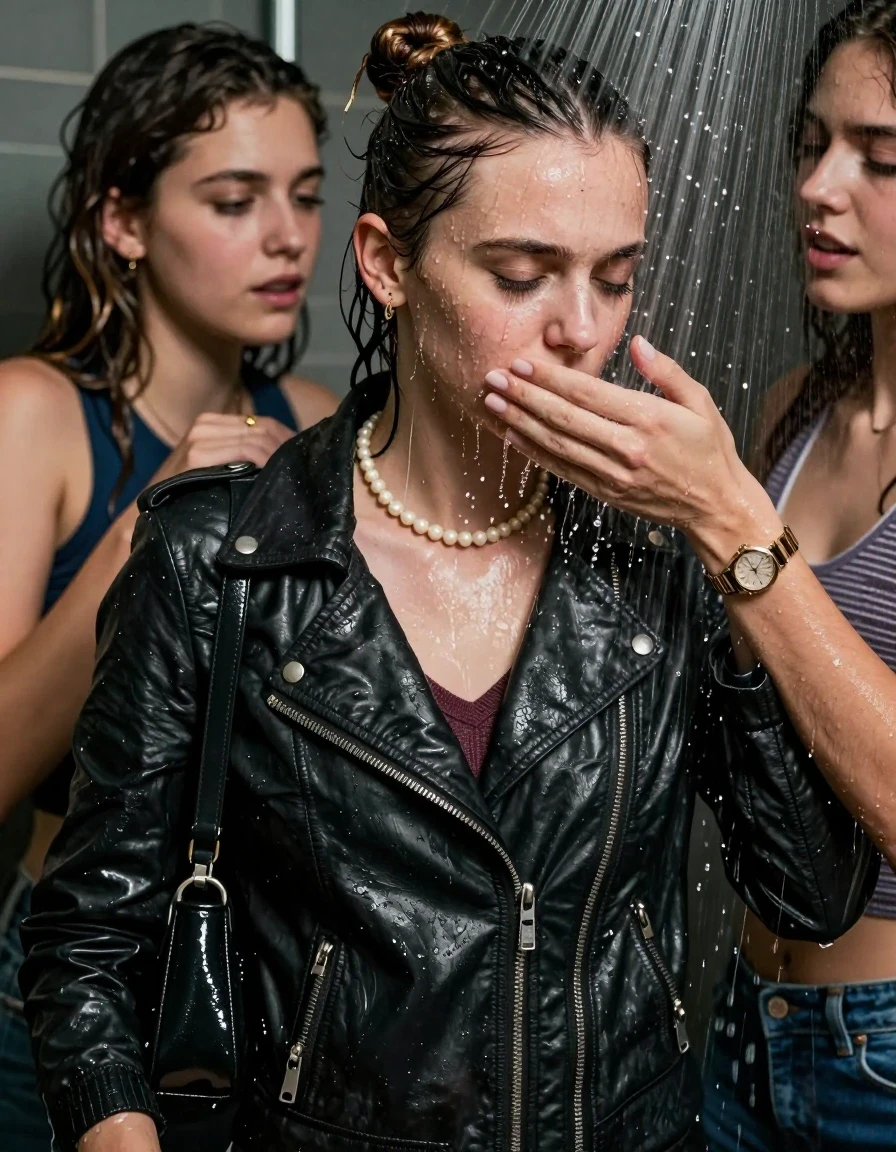 photo of young woman, in soaking wet, drenched clothes,
, , Biker leatherjacket, v- neck sweater belly free, shoulderbag, pearl necklace, bracelet, wristwatch, Orgasm Under the shower, strong jet of water, party room, 
enjoying, wet clothes stuck to body,
detailed textures of the wet clothes, wet face, wet plastered hair,
wet, drenched, professional, high-quality details, full body view.
sharp focus, ultra-high pixel detail, realistic, high-quality, full colors, incredibly detailed, 4k, 8k, 16k, hyper-realistic, RAW photo, masterpiece, ultra-detailed, professionally color graded, professional photograph, Topknot

 21 years old  school girl and her female  friends

Only head and shoulders are over the surface visible. Looking down to the side.  closed eyes . Her mouth is covered by her friends Hand. hugs her friend. Water running down her face and neck.

The girls wear different clothes.

she is completely underwater up to her neck, horny and painful expression. 

her clothing is soaking wet and clinging tightly to her skin, showing heavy wet folds, darkened fabric texture, and deep water-saturated Patches, her clothes are heavy from the water, water runs from her body and her clothes in streams. A lot of water also runs out of her clothes. Her clothes are darkened by the water. Her submerged clothes are good visible under the water.  she soaked her handbag into the water.

close up view, wet skin, wet clothes, wet hair, damp fabric, water runs down the clothes, wet skin, wet clothes, damp fabric. cinematic medium shot, hyper-realistic wetness, high-contrast water sheen, sharp focus, 16k resolution, professional photography, realistic water physics., wet skin, wet clothes, damp fabric, wet skin, wet clothes, damp fabric, wet skin, wet clothes, damp fabric, wet skin, wet clothes, damp fabric, wet skin, wet clothes, damp fabric, wet skin, wet clothes, damp fabric, wet skin, wet clothes, damp fabric, wet skin, wet clothes, damp fabric, wet skin, wet clothes, damp fabric