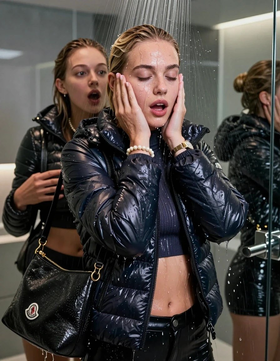 photo of young woman, in soaking wet, drenched clothes,
, , Moncler shiny puffer down jacket, tight turtleneck sweater belly free, shoulderbag, pearl necklace, bracelet, wristwatch, Under the shower, strong jet of water, modern mirrored bathroom, 
enjoying, wet clothes stuck to body,
detailed textures of the wet clothes, wet face, wet plastered hair,
wet, drenched, professional, high-quality details, full body view.
sharp focus, ultra-high pixel detail, realistic, high-quality, full colors, incredibly detailed, 4k, 8k, 16k, hyper-realistic, RAW photo, masterpiece, ultra-detailed, professionally color graded, professional photograph, Blonde Sleek bun

 21 years old  teenage girl and her female  friends

Only head and shoulders are over the surface visible. Looking at Camera . Open mouth, half closed eyes . Hold her hands on her face. hugs her friend. Water running down her face and neck.

The girls wear different clothes and down jackets.

she is completely underwater up to her neck, horny and astonished expression. 

her clothing is soaking wet and clinging tightly to her skin, showing heavy wet folds, darkened fabric texture, and deep water-saturated Patches, her clothes are heavy from the water, water runs from her body and her clothes in streams. A lot of water also runs out of her clothes. Her clothes are darkened by the water. Her submerged clothes are good visible under the water.  she soaked her handbag into the water.

close up view, wet skin, wet clothes, wet hair, damp fabric, water runs down the clothes, wet skin, wet clothes, damp fabric. cinematic medium shot, hyper-realistic wetness, high-contrast water sheen, sharp focus, 16k resolution, professional photography, realistic water physics., wet skin, wet clothes, damp fabric, wet skin, wet clothes, damp fabric, wet skin, wet clothes, damp fabric, wet skin, wet clothes, damp fabric, wet skin, wet clothes, damp fabric, wet skin, wet clothes, damp fabric, wet skin, wet clothes, damp fabric, wet skin, wet clothes, damp fabric, wet skin, wet clothes, damp fabric