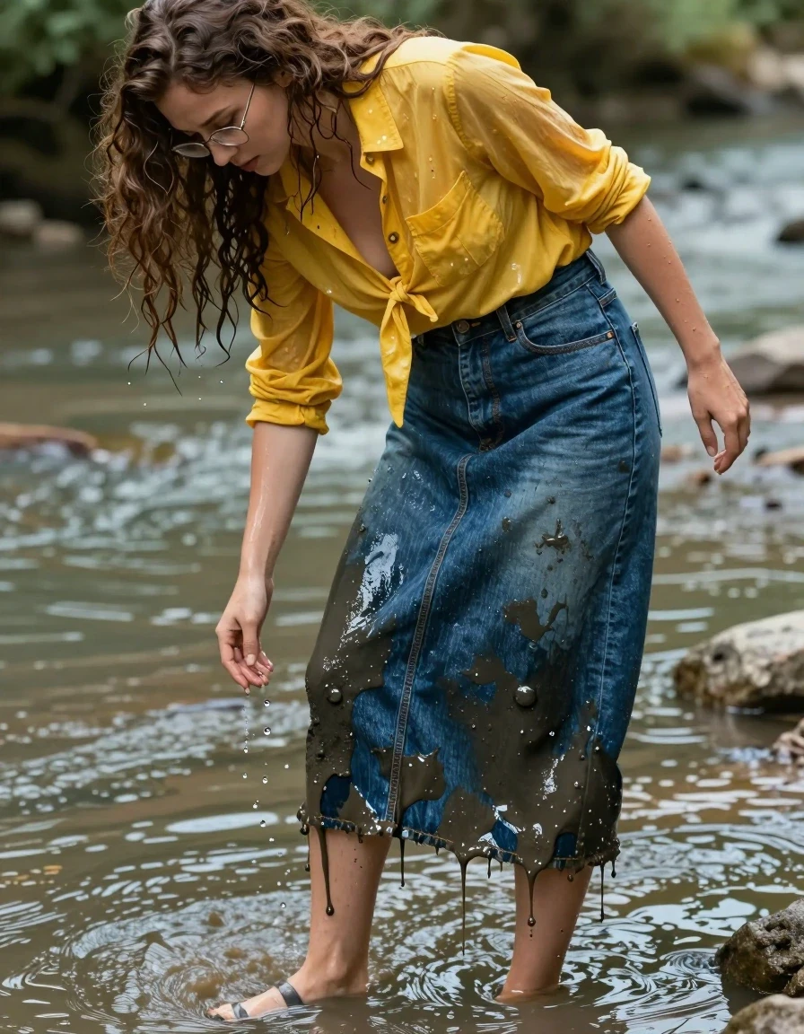 A photorealistic full-body shot of a young adult European woman with long curly hair, wearing glasses and an unbuttoned long-sleeved yellow blouse with a pussy bow underneath, standing in a shallow river. She is in a disoriented state, leaning over to wash thick river mud off of her floor-length denim skirt. The floor-length denim skirt is soaking-wet blue denim, water-saturated heavyweight denim, blue changed to deep navy and indigo, substantially darker unevenly soaked patches, absorbed water, heavy wet folds, visible weave and stitching, and strong glossy specular reflections on the raised weave, seams, and creases. Her yellow blouse is clinging to her skin, translucent from being drenched, with wet fabric folds. Her hair is matted and dripping, skin glistening with water sheen. She wears simple sandals on her feet, partially submerged in the murky river water. The environment features a flowing river with muddy banks, natural daylight, soft focus background, high-resolution textures, cinematic lighting, hyper-realistic water droplets and clinging wet fabric, 8k resolution, highly detailed skin pores and wet fabric texture.