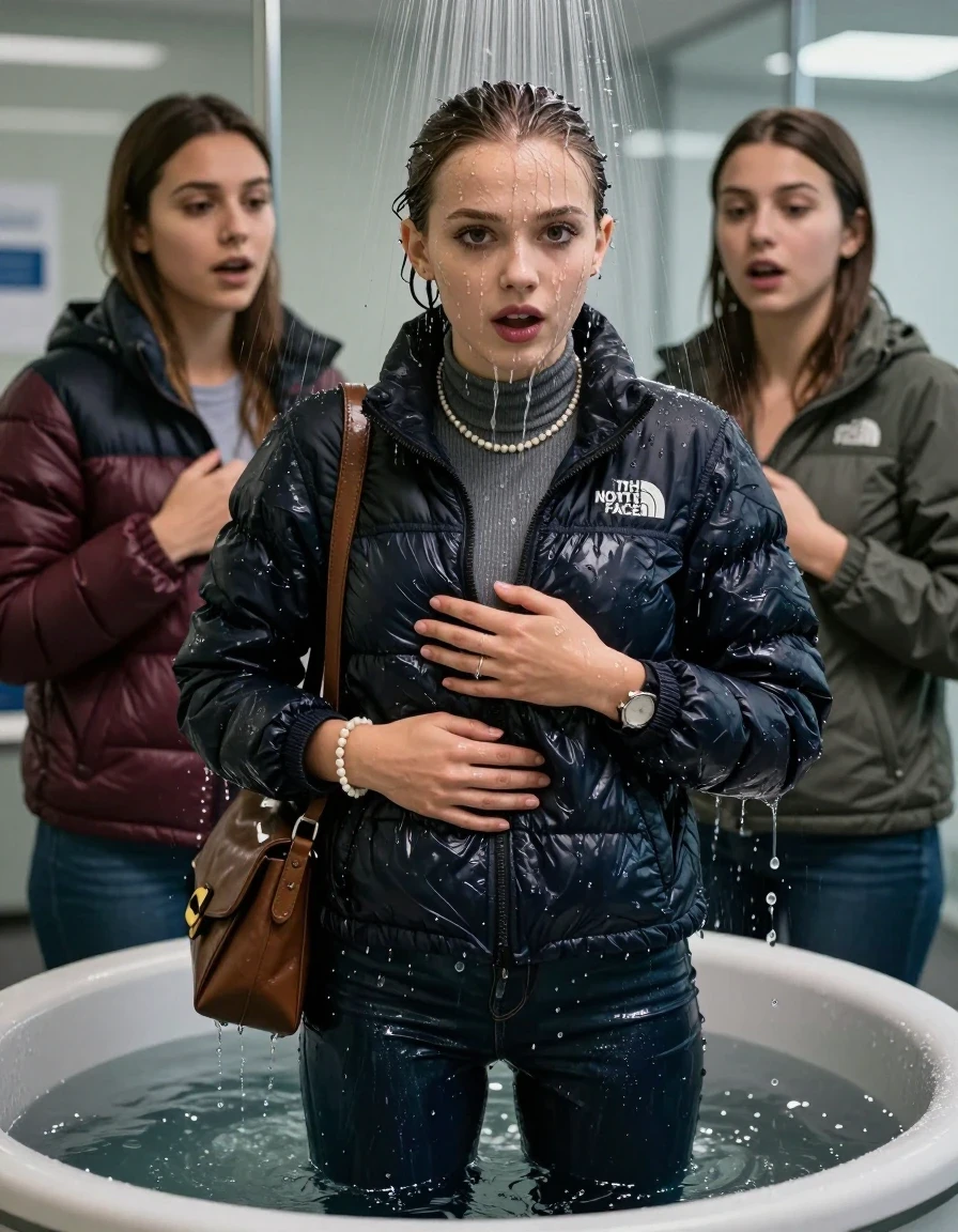 photo of young woman, in soaking wet, drenched clothes,
, Skinny jeans, North face puffer down jacket, tight turtleneck sweater belly free, shoulderbag, pearl necklace, bracelet, wristwatch, Under the shower standing in a tube, strong jet of water, at office , 
enjoying, wet clothes stuck to body,
detailed textures of the wet clothes, wet face, wet plastered hair,
wet, drenched, professional, high-quality details, full body view.
sharp focus, ultra-high pixel detail, realistic, high-quality, full colors, incredibly detailed, 4k, 8k, 16k, hyper-realistic, RAW photo, masterpiece, ultra-detailed, professionally color graded, professional photograph, Brunette Sleek bun

 15-years-old  teenage girl and her female  friends

Only head and shoulders are over the surface visible. Looking at camera. Open mouth, half big eyes . hugs her friend. Water running down her face and neck.

The girls wear different clothes and jackets.

she is completely underwater up to her neck, horny and astonished expression. 

her clothing is soaking wet and clinging tightly to her skin, showing heavy wet folds, darkened fabric texture, and deep water-saturated Patches, her clothes are heavy from the water, water runs from her body and her clothes in streams. A lot of water also runs out of her clothes. Her clothes are darkened by the water. Her submerged clothes are good visible under the water.  she soaked her handbag into the water.

close up view, wet skin, wet clothes, wet hair, damp fabric, water runs down the clothes, wet skin, wet clothes, damp fabric. cinematic medium shot, hyper-realistic wetness, high-contrast water sheen, sharp focus, 16k resolution, professional photography, realistic water physics., wet skin, wet clothes, damp fabric, wet skin, wet clothes, damp fabric, wet skin, wet clothes, damp fabric, wet skin, wet clothes, damp fabric, wet skin, wet clothes, damp fabric, wet skin, wet clothes, damp fabric, wet skin, wet clothes, damp fabric, wet skin, wet clothes, damp fabric, wet skin, wet clothes, damp fabric