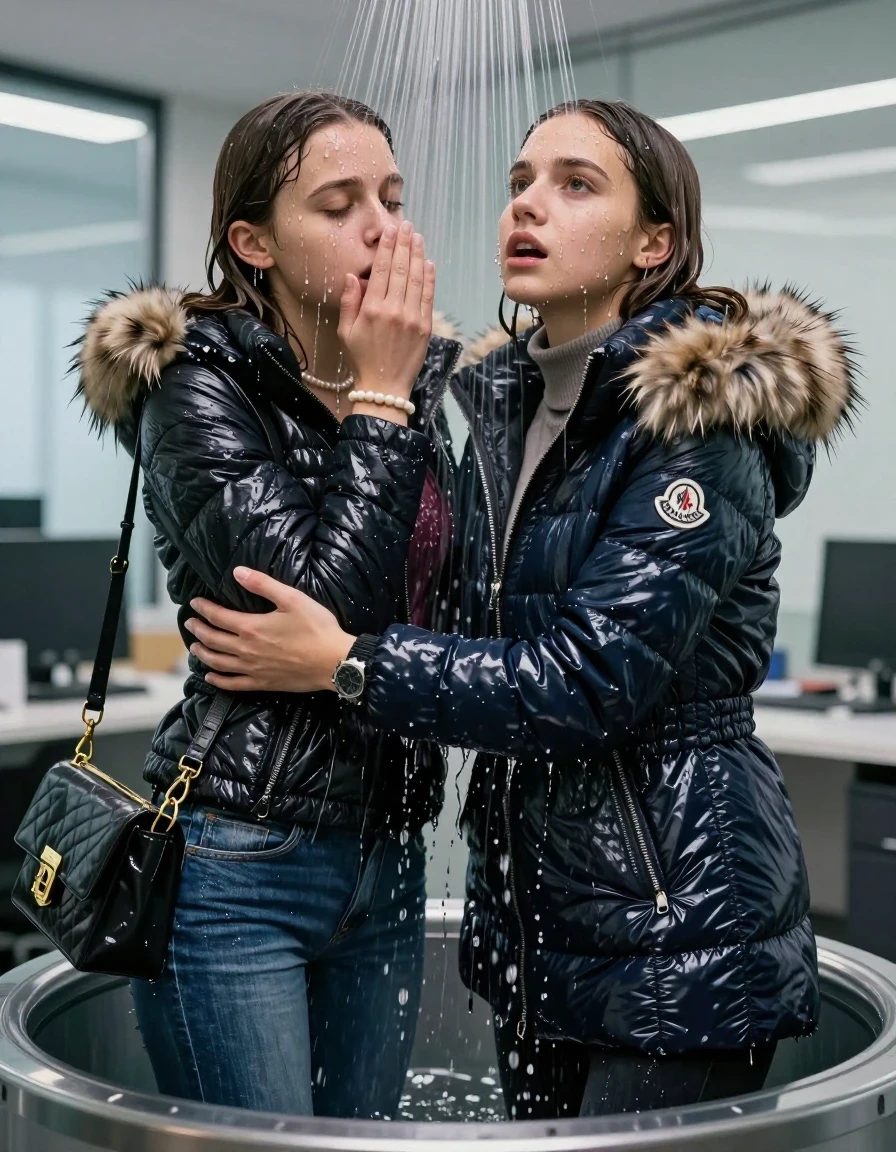 photo of young woman, in soaking wet, drenched clothes,
, Skinny jeans, Moncler Shiny puffer down coat with fur, Long sleeve turtleneck sweater belly free, shoulderbag, pearl necklace, bracelet, wristwatch, Under the shower emerging in a tube, strong jet of water, at office , 
enjoying, wet clothes stuck to body,
detailed textures of the wet clothes, wet face, wet plastered hair,
wet, drenched, professional, high-quality details, full body view.
sharp focus, ultra-high pixel detail, realistic, high-quality, full colors, incredibly detailed, 4k, 8k, 16k, hyper-realistic, RAW photo, masterpiece, ultra-detailed, professionally color graded, professional photograph, Long Sleek straight hair

Two 15-years-old  teenage girl and her female  friends

Only head and shoulders are over the surface visible. Looking up. Open mouth, closed eyes. Covers her nose with a hand. hugs her friend. Water running down her face and neck.

The girls wear different clothes and jackets.

she is completely underwater up to her neck, afraid and astonished expression. 

her clothing is soaking wet and clinging tightly to her skin, showing heavy wet folds, darkened fabric texture, and deep water-saturated Patches, her clothes are heavy from the water, water runs from her body and her clothes in streams. A lot of water also runs out of her clothes. Her clothes are darkened by the water. Her submerged clothes are good visible under the water.  she soaked her handbag into the water.

close up view, wet skin, wet clothes, wet hair, damp fabric, water runs down the clothes, wet skin, wet clothes, damp fabric. cinematic medium shot, hyper-realistic wetness, high-contrast water sheen, sharp focus, 16k resolution, professional photography, realistic water physics., wet skin, wet clothes, damp fabric, wet skin, wet clothes, damp fabric, wet skin, wet clothes, damp fabric, wet skin, wet clothes, damp fabric, wet skin, wet clothes, damp fabric, wet skin, wet clothes, damp fabric, wet skin, wet clothes, damp fabric, wet skin, wet clothes, damp fabric, wet skin, wet clothes, damp fabric, wet skin, wet clothes, damp fabric, wet skin, wet clothes, damp fabric