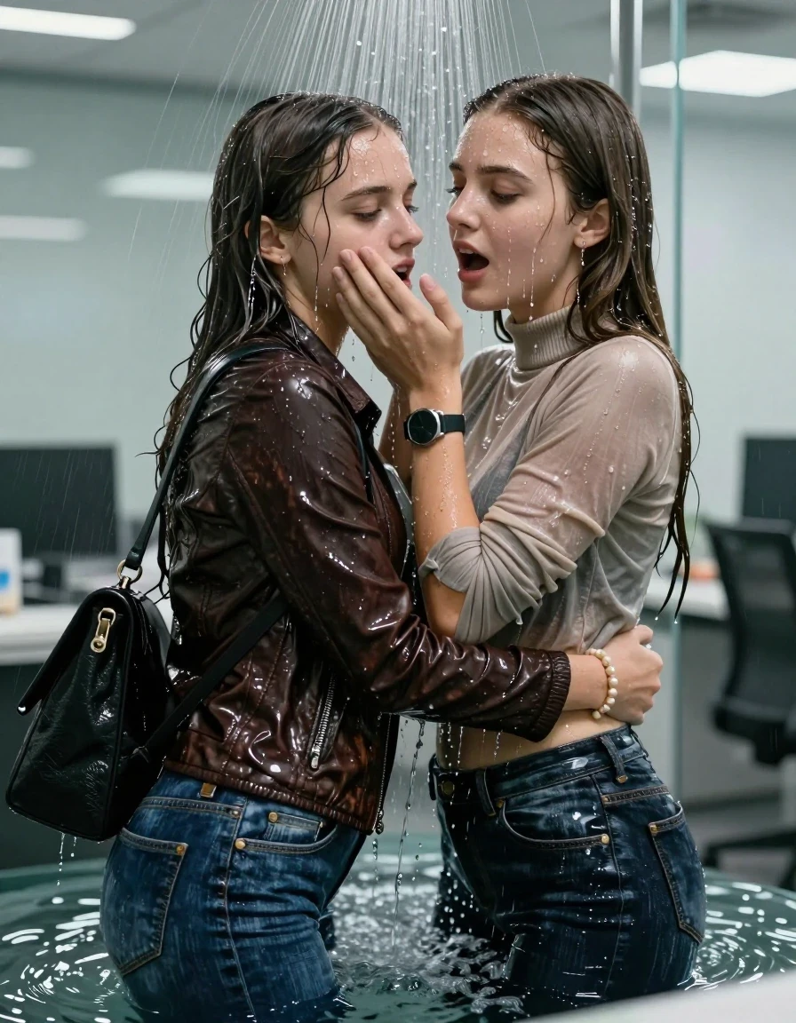 photo of young woman, in soaking wet, drenched clothes,
, Skinny jeans, Leatherjackets, Long sleeve turtleneck sweater belly free, shoulderbag, pearl necklace, bracelet, wristwatch, Under the shower emerging in a tube, strong jet with tons of water, at office , 
enjoying, wet clothes stuck to body,
detailed textures of the wet clothes, wet face, wet plastered hair,
wet, drenched, professional, high-quality details, full body view.
sharp focus, ultra-high pixel detail, realistic, high-quality, full colors, incredibly detailed, 4k, 8k, 16k, hyper-realistic, RAW photo, masterpiece, ultra-detailed, professionally color graded, professional photograph, Long Sleek straight hair

Two 15-years-old  teenage girl and her female  friends

Only head and shoulders are over the surface visible. Looking down. Open mouth. Covers the mouth of her friend with a hand.   hugs her friend. Water running down her face and neck.

The girls wear different clothes and jackets.

she is completely underwater up to her neck, afraid and astonished expression. 

her clothing is soaking wet and clinging tightly to her skin, showing heavy wet folds, darkened fabric texture, and deep water-saturated Patches, her clothes are heavy from the water, water runs from her body and her clothes in streams. A lot of water also runs out of her clothes. Her clothes are darkened by the water. Her submerged clothes are good visible under the water.  she soaked her handbag into the water.

close up view, wet skin, wet clothes, wet hair, damp fabric, water runs down the clothes, wet skin, wet clothes, damp fabric. cinematic medium shot, hyper-realistic wetness, high-contrast water sheen, sharp focus, 16k resolution, professional photography, realistic water physics., wet skin, wet clothes, damp fabric, wet skin, wet clothes, damp fabric, wet skin, wet clothes, damp fabric, wet skin, wet clothes, damp fabric, wet skin, wet clothes, damp fabric, wet skin, wet clothes, damp fabric, wet skin, wet clothes, damp fabric, wet skin, wet clothes, damp fabric, wet skin, wet clothes, damp fabric, wet skin, wet clothes, damp fabric