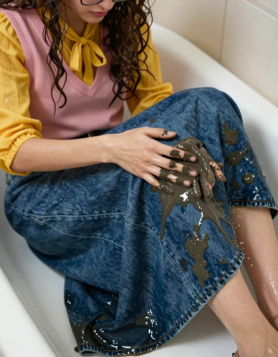 A photorealistic close-up shot of a young European woman with long curly hair, wearing glasses, a pink v-neck vest layered over a yellow long-sleeved blouse with a pussy bow, and a floor-length denim skirt with sandals. She is sitting inside a bathtub, actively washing off thick mud from her clothes. The floor-length denim skirt is soaking-wet blue denim, water-saturated heavyweight denim, blue changed to deep navy and indigo, substantially darker unevenly soaked patches, absorbed water, heavy wet folds, visible weave and stitching, and strong glossy specular reflections on the raised weave, seams, and creases. Her hair is damp and clinging to her face, skin glistening with water, and the fabric of the vest and blouse is dark, clinging, and heavy with moisture. The scene captures the texture of wet fabric against water, with realistic water splashes and sheen on the skin. Cinematic lighting highlights the contrast between the dark, mud-stained wet denim and the glistening water in the tub, 8k resolution, highly detailed textures, macro photography style.