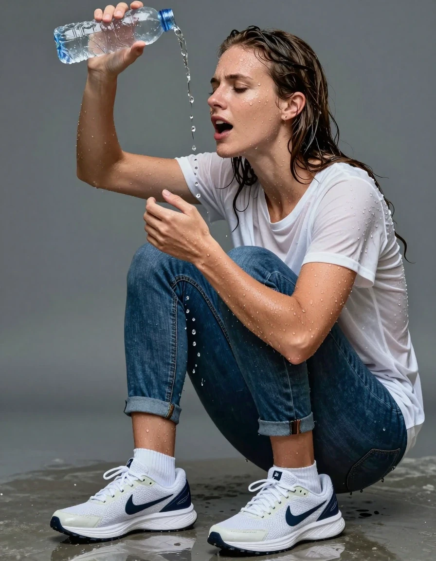 photo of young woman, in soaking wet, drenched clothes,
nike running sneakers,  short white socks, blue jeans, t shirt, pouring water bottle overhead, 
enjoying, wet clothes stuck to body,
detailed textures of the wet clothes, wet face, wet plastered hair,
wet, drenched, professional, high-quality details, full body view.
sharp focus, ultra-high pixel detail, realistic, high-quality, full colors, incredibly detailed, 4k, 8k, 16k, hyper-realistic, RAW photo, masterpiece, ultra-detailed, professionally color graded, professional photograph, wet skin, wet clothes, damp fabric
