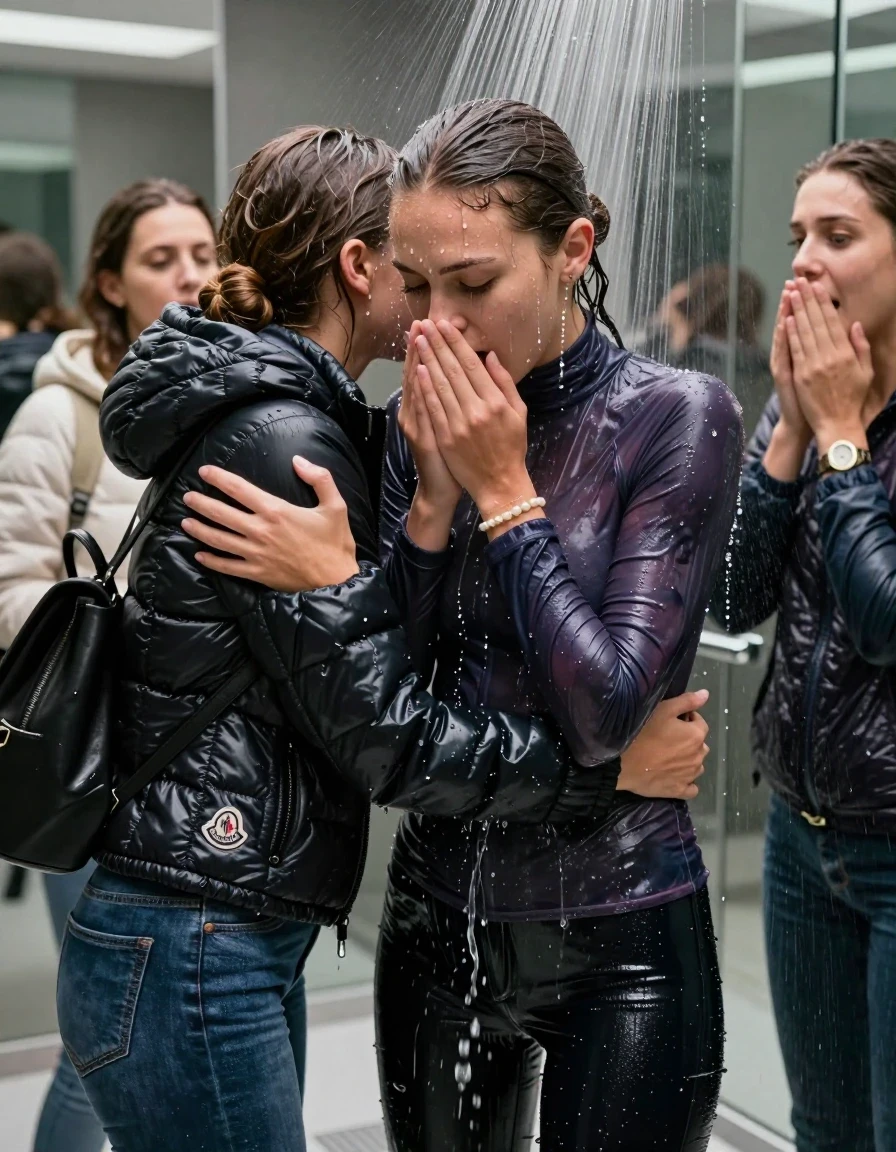 photo of young woman, in soaking wet, drenched clothes,
, Skinny jeans, Moncler shiny puffer down jacket, tight turtleneck sweater belly free, shoulderbag, pearl necklace, bracelet, wristwatch, Under the shower, strong jet of water, modern mirrored bathroom, 
enjoying, wet clothes stuck to body,
detailed textures of the wet clothes, wet face, wet plastered hair,
wet, drenched, professional, high-quality details, full body view.
sharp focus, ultra-high pixel detail, realistic, high-quality, full colors, incredibly detailed, 4k, 8k, 16k, hyper-realistic, RAW photo, masterpiece, ultra-detailed, professionally color graded, professional photograph, Brunette Sleek bun

 15-years-old  teenage girl and her female  friends

Only head and shoulders are over the surface visible. Looking down. Open mouth, half closed eyes . Hold her hands on her mouth and nose . hugs her friend. Water running down her face and neck.

The girls wear different clothes and down jackets.

she is completely underwater up to her neck, horny and astonished expression. 

her clothing is soaking wet and clinging tightly to her skin, showing heavy wet folds, darkened fabric texture, and deep water-saturated Patches, her clothes are heavy from the water, water runs from her body and her clothes in streams. A lot of water also runs out of her clothes. Her clothes are darkened by the water. Her submerged clothes are good visible under the water.  she soaked her handbag into the water.

close up view, wet skin, wet clothes, wet hair, damp fabric, water runs down the clothes, wet skin, wet clothes, damp fabric. cinematic medium shot, hyper-realistic wetness, high-contrast water sheen, sharp focus, 16k resolution, professional photography, realistic water physics., wet skin, wet clothes, damp fabric, wet skin, wet clothes, damp fabric, wet skin, wet clothes, damp fabric, wet skin, wet clothes, damp fabric, wet skin, wet clothes, damp fabric, wet skin, wet clothes, damp fabric, wet skin, wet clothes, damp fabric, wet skin, wet clothes, damp fabric, wet skin, wet clothes, damp fabric