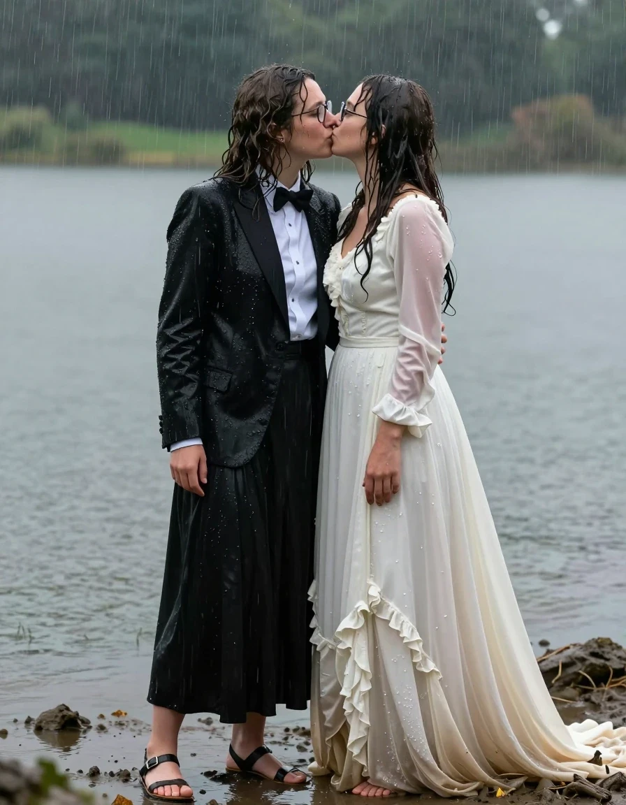 photo of young woman, in soaking wet, drenched clothes,
sandals, floor-length black silk skirt, black tuxedo jacket, bowtie overized long sleeved white silk blouse, glasses, long curly hair, in muddy lake during heavy rainfall, 
enjoying, wet clothes stuck to body,
detailed textures of the wet clothes, wet face, wet plastered hair,
wet, drenched, professional, high-quality details, full body view.
sharp focus, ultra-high pixel detail, realistic, high-quality, full colors, incredibly detailed, 4k, 8k, 16k, hyper-realistic, RAW photo, masterpiece, ultra-detailed, professionally color graded, professional photograph, kissing another beatles-haired woman in a long victorian wedding dress, wet skin, wet clothes, damp fabric