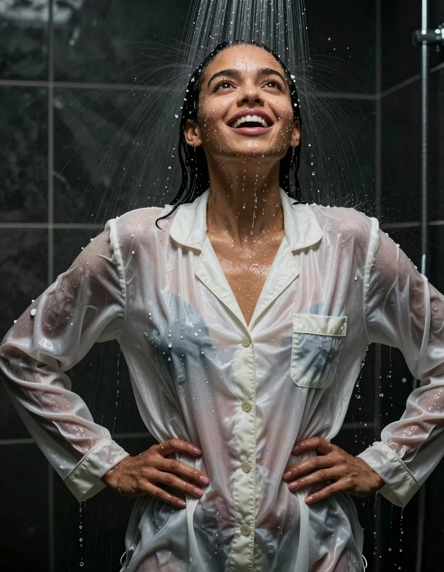photo of young woman, in soaking wet, drenched clothes,
, , , long sleeve white satin pyjamas, Under the shower, strong jet of water, party room, 
enjoying, wet clothes stuck to body,
detailed textures of the wet clothes, wet face, wet plastered hair,
wet, drenched, professional, high-quality details, full body view.
sharp focus, ultra-high pixel detail, realistic, high-quality, full colors, incredibly detailed, 4k, 8k, 16k, hyper-realistic, RAW photo, masterpiece, ultra-detailed, professionally color graded, professional photograph, An 18 year old black lady

Only head and shoulders are over the surface visible. Open mouth smiling, open eyes. Looking up. Hands on hips. Water running down her face and neck
No bra.

she is completely underwater up to her neck, surprised and astonished expression. 

her clothing is soaking wet and clinging tightly to her skin, showing heavy wet folds, darkened fabric texture, and deep water-saturated Patches, her clothes are heavy from the water, water runs from her body and her clothes in streams. A lot of water also runs out of her clothes. Her clothes are darkened by the water. Her submerged clothes are good visible under the water.  she soaked her handbag into the water.

close up view, wet skin, wet clothes, wet hair, damp fabric, water runs down the clothes, wet skin, wet clothes, damp fabric. cinematic medium shot, hyper-realistic wetness, high-contrast water sheen, sharp focus, 16k resolution, professional photography, realistic water physics., wet skin, wet clothes, damp fabric, wet skin, wet clothes, damp fabric, wet skin, wet clothes, damp fabric, wet skin, wet clothes, damp fabric, wet skin, wet clothes, damp fabric, wet skin, wet clothes, damp fabric