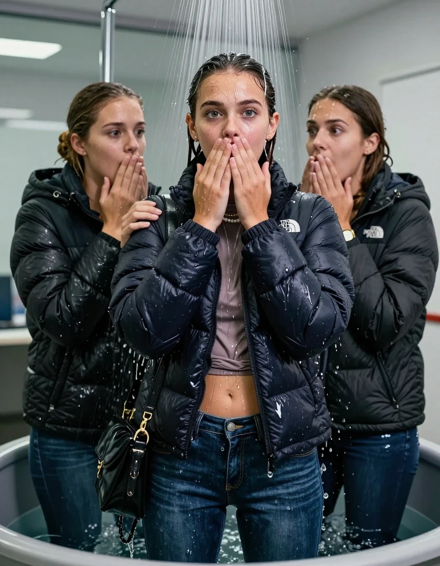 photo of young woman, in soaking wet, drenched clothes,
, Skinny jeans, North face puffer down jacket, tight turtleneck sweater belly free, shoulderbag, pearl necklace, bracelet, wristwatch, Under the shower standing in a tube, strong jet of water, at office , 
enjoying, wet clothes stuck to body,
detailed textures of the wet clothes, wet face, wet plastered hair,
wet, drenched, professional, high-quality details, full body view.
sharp focus, ultra-high pixel detail, realistic, high-quality, full colors, incredibly detailed, 4k, 8k, 16k, hyper-realistic, RAW photo, masterpiece, ultra-detailed, professionally color graded, professional photograph, Brunette Sleek bun

 15-years-old  teenage girl and her female  friends

Only head and shoulders are over the surface visible. Looking at camera. Open mouth, half big eyes . Hold her hands on her mouth and nose . hugs her friend. Water running down her face and neck.

The girls wear different clothes and jackets.

she is completely underwater up to her neck, horny and astonished expression. 

her clothing is soaking wet and clinging tightly to her skin, showing heavy wet folds, darkened fabric texture, and deep water-saturated Patches, her clothes are heavy from the water, water runs from her body and her clothes in streams. A lot of water also runs out of her clothes. Her clothes are darkened by the water. Her submerged clothes are good visible under the water.  she soaked her handbag into the water.

close up view, wet skin, wet clothes, wet hair, damp fabric, water runs down the clothes, wet skin, wet clothes, damp fabric. cinematic medium shot, hyper-realistic wetness, high-contrast water sheen, sharp focus, 16k resolution, professional photography, realistic water physics., wet skin, wet clothes, damp fabric, wet skin, wet clothes, damp fabric, wet skin, wet clothes, damp fabric, wet skin, wet clothes, damp fabric, wet skin, wet clothes, damp fabric, wet skin, wet clothes, damp fabric, wet skin, wet clothes, damp fabric, wet skin, wet clothes, damp fabric, wet skin, wet clothes, damp fabric