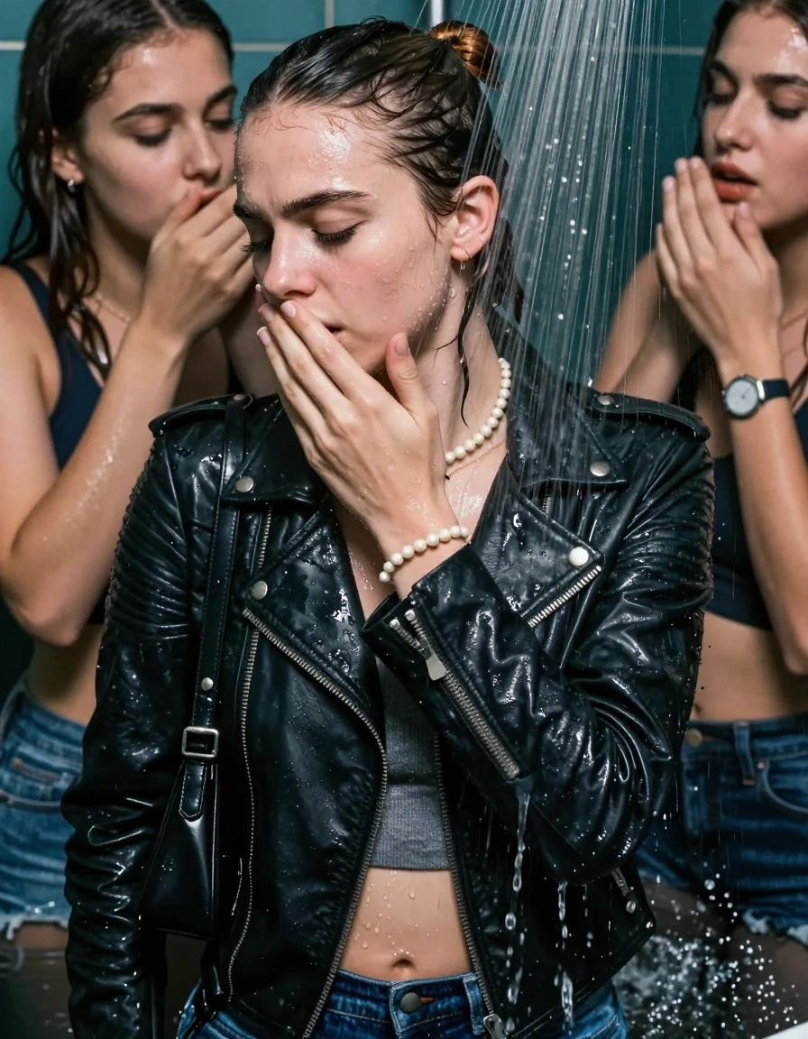 photo of young woman, in soaking wet, drenched clothes,
, , Biker leatherjacket, sweater belly free, shoulderbag, pearl necklace, bracelet, wristwatch, Orgasm Under the shower, strong jet of water, party room, 
enjoying, wet clothes stuck to body,
detailed textures of the wet clothes, wet face, wet plastered hair,
wet, drenched, professional, high-quality details, full body view.
sharp focus, ultra-high pixel detail, realistic, high-quality, full colors, incredibly detailed, 4k, 8k, 16k, hyper-realistic, RAW photo, masterpiece, ultra-detailed, professionally color graded, professional photograph, Topknot

 21 years old  school girl and her female  friends

Only head and shoulders are over the surface visible. Looking down to the side.  closed eyes . Her mouth is covered by her friends Hand. hugs her friend.

The girls wear different clothes.

she is completely underwater up to her neck, horny and Strenuous painful expression. 

her clothing is soaking wet and clinging tightly to her skin, showing heavy wet folds, darkened fabric texture, and deep water-saturated Patches, her clothes are heavy from the water, water runs from her body and her clothes in streams. A lot of water also runs out of her clothes. Her clothes are darkened by the water. Her submerged clothes are good visible under the water.  she soaked her handbag into the water.

close up view, wet skin, wet clothes, wet hair, damp fabric, water runs down the clothes, wet skin, wet clothes, damp fabric. cinematic medium shot, hyper-realistic wetness, high-contrast water sheen, sharp focus, 16k resolution, professional photography, realistic water physics., wet skin, wet clothes, damp fabric, wet skin, wet clothes, damp fabric, wet skin, wet clothes, damp fabric, wet skin, wet clothes, damp fabric, wet skin, wet clothes, damp fabric, wet skin, wet clothes, damp fabric, wet skin, wet clothes, damp fabric, wet skin, wet clothes, damp fabric