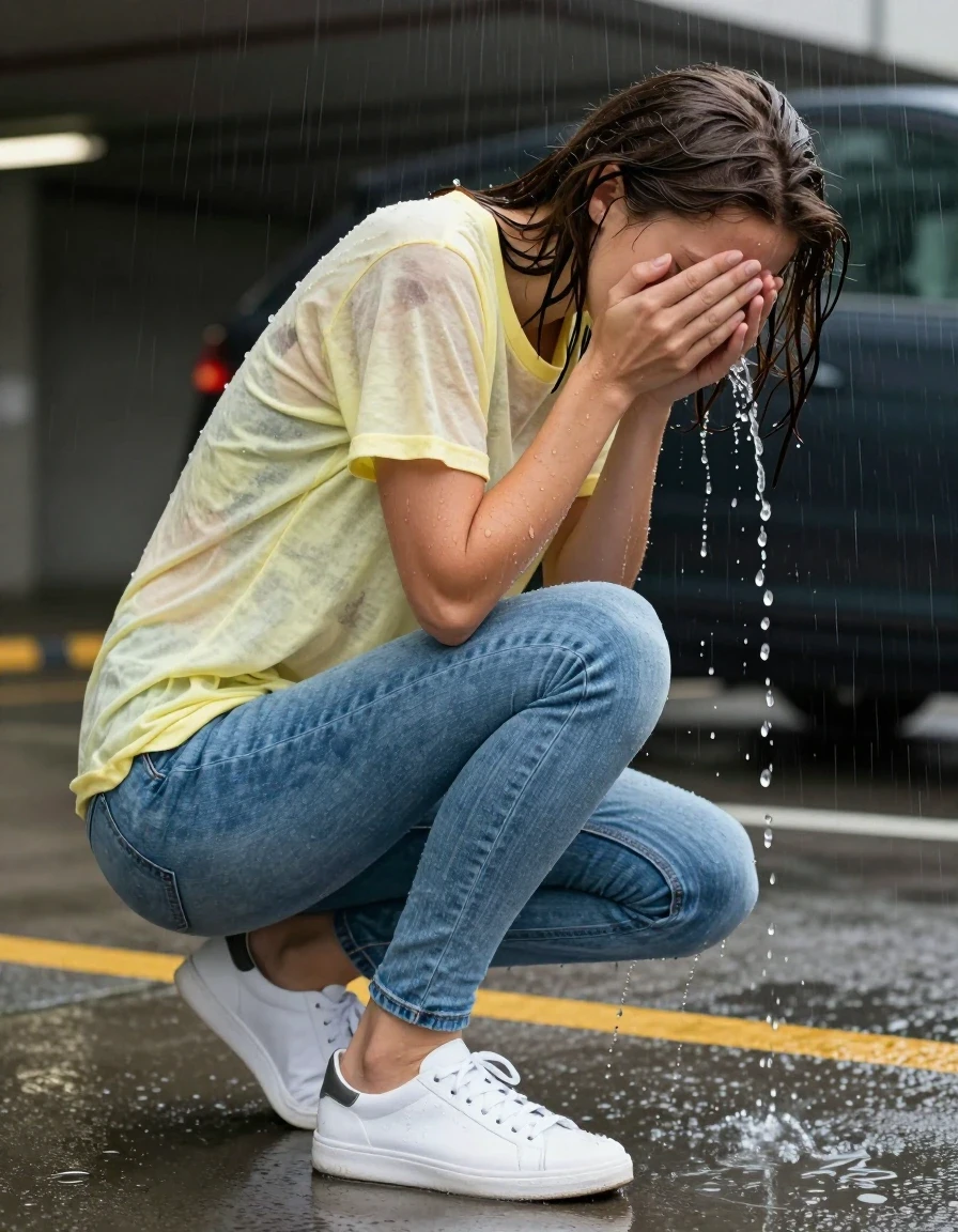 photo of young woman, in soaking wet, drenched clothes,
wet white leather sneakers with visible water droplets, soaked light blue denim skinny jeans clinging to skin, drenched pale yellow cotton t-shirt with darkening water patterns, concrete parking garage entrance during a rain shower, 
enjoying, wet clothes stuck to body,
detailed textures of the wet clothes, wet face, wet plastered hair,
wet, drenched, professional, high-quality details, full body view.
sharp focus, ultra-high pixel detail, realistic, high-quality, full colors, incredibly detailed, 4k, 8k, 16k, hyper-realistic, RAW photo, masterpiece, ultra-detailed, professionally color graded, professional photograph, a woman in her 30s wiping water from her face after being splashed by a passing car, medium wide shot, high-speed shutter, crystalline water droplets frozen in mid-air, photorealistic lifestyle photography, rich natural color, balanced bright exposure, soft lifted shadows, sharp focus on fabric texture., wet skin, wet clothes, damp fabric