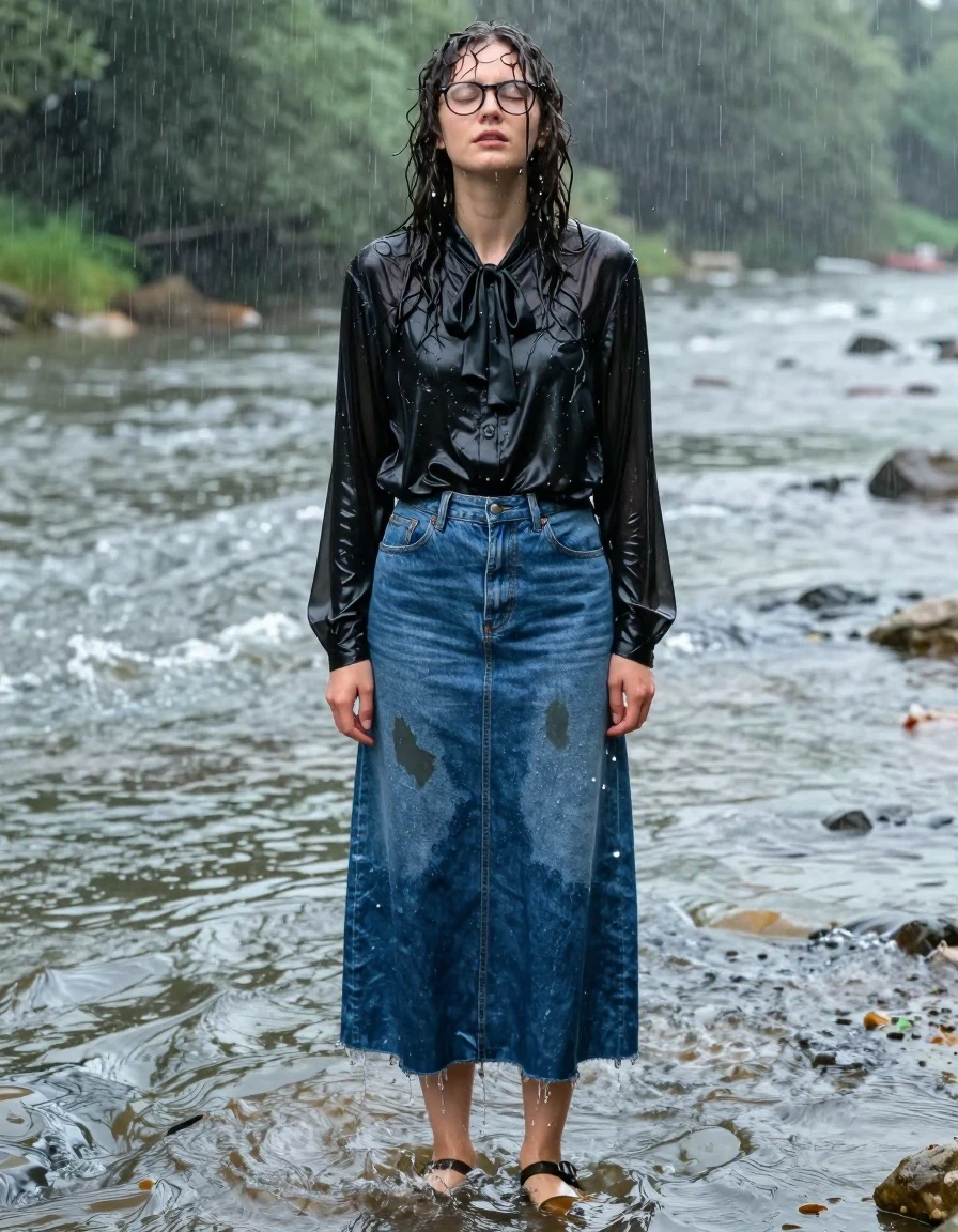 A photorealistic full-body shot of a young adult European woman with long curly hair and glasses, standing knee-deep in a flowing river during a scorching hot summer rainfall. She is wearing an oversized long-sleeved black silk blouse with a bowtie at the collar, and a floor-length denim skirt. The skirt is rendered as a soaking-wet blue denim skirt, water-saturated heavyweight denim, blue changed to deep navy and indigo, with substantially darker unevenly soaked patches, absorbed water, heavy wet folds, visible weave and stitching, and strong glossy specular reflections on the raised weave, seams, and creases. Her black silk blouse is clinging to her skin, translucent and drenched, with hair plastered to her face and shoulders by the rain. She has a look of pure relief on her face, eyes closed, enjoying the cooling water. She is wearing sandals on her feet, partially submerged in the riverbed. The atmosphere is humid and bright, with sun-drenched mist rising from the water, high-contrast lighting, sharp focus on the textures of the dripping fabric and wet skin, cinematic composition, 8k resolution, highly detailed.