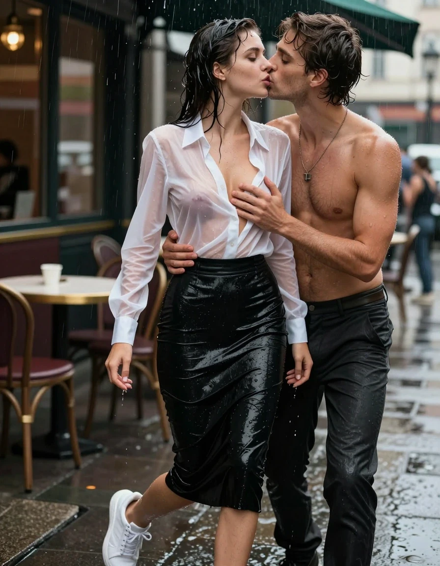 photo of young woman, in soaking wet, drenched clothes,
White sneakers, , Black midi skirt, soaked and clinging,, white translucent latex blouse, no bra, sheer and drenched, visible water droplets, no bra,, outdoor cafe frontage, urban sidewalk, rainy atmosphere, 
enjoying, wet clothes stuck to body,
detailed textures of the wet clothes, wet face, wet plastered hair,
wet, drenched, professional, high-quality details, full body view.
sharp focus, ultra-high pixel detail, realistic, high-quality, full colors, incredibly detailed, 4k, 8k, 16k, hyper-realistic, RAW photo, masterpiece, ultra-detailed, professionally color graded, professional photograph, a woman in an office rush frantically, her hair is very wet and dropping, she looks very erotic, her latex blouse is very translucent and you can see here breasts, she wears no bra, water is droping out of her clothes, she wears a black midi skirt, the young woman is standing in the rain, a shirtless young man is standing in front of the young woman, they hug each other, he touchs her breast, she kisses him with very passionately on his mouth, she likes it very much, her blue eyes are open, photorealistic lifestyle photography, rich natural color, balanced bright exposure, moderate contrast, softly lifted shadows, high-fashion editorial style, cinematic medium shot with shallow depth of field., wet skin, wet clothes, damp fabric