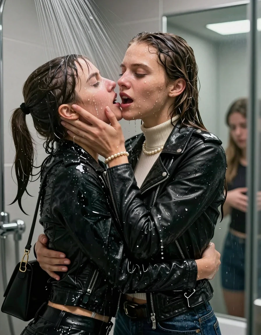 photo of young woman, in soaking wet, drenched clothes,
, , Biker leatherjacket, tight turtleneck sweater belly free, shoulderbag, pearl necklace, bracelet, wristwatch, Intense Orgasm Under the shower, strong jet of water, modern mirrored bathroom, 
enjoying, wet clothes stuck to body,
detailed textures of the wet clothes, wet face, wet plastered hair,
wet, drenched, professional, high-quality details, full body view.
sharp focus, ultra-high pixel detail, realistic, high-quality, full colors, incredibly detailed, 4k, 8k, 16k, hyper-realistic, RAW photo, masterpiece, ultra-detailed, professionally color graded, professional photograph, Sleek long  ponytail with bangs

 21 years old  school girl and her female  friends

Only head and shoulders are over the surface visible. Looking slightly away. Open mouth, closed eyes . Her mouth is covered by her friends Hand. hugs her friend. Water running down her face and neck.

The girls wear different clothes.

she is completely underwater up to her neck, horny and painful expression. 

her clothing is soaking wet and clinging tightly to her skin, showing heavy wet folds, darkened fabric texture, and deep water-saturated Patches, her clothes are heavy from the water, water runs from her body and her clothes in streams. A lot of water also runs out of her clothes. Her clothes are darkened by the water. Her submerged clothes are good visible under the water.  she soaked her handbag into the water.

close up view, wet skin, wet clothes, wet hair, damp fabric, water runs down the clothes, wet skin, wet clothes, damp fabric. cinematic medium shot, hyper-realistic wetness, high-contrast water sheen, sharp focus, 16k resolution, professional photography, realistic water physics., wet skin, wet clothes, damp fabric, wet skin, wet clothes, damp fabric, wet skin, wet clothes, damp fabric, wet skin, wet clothes, damp fabric, wet skin, wet clothes, damp fabric, wet skin, wet clothes, damp fabric, wet skin, wet clothes, damp fabric, wet skin, wet clothes, damp fabric, wet skin, wet clothes, damp fabric