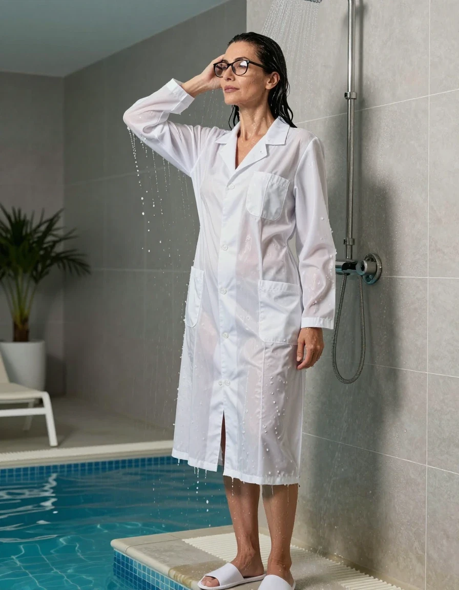 photo of young woman, in soaking wet, drenched clothes,
white slippers, maxi white labdress, maxi white labdress, taking shower after bath in indoor swimming pool, enjoying wet clothes stuck body, enjoying, wet clothes stuck to body, 
enjoying, wet clothes stuck to body,
detailed textures of the wet clothes, wet face, wet plastered hair,
wet, drenched, professional, high-quality details, full body view.
sharp focus, ultra-high pixel detail, realistic, high-quality, full colors, incredibly detailed, 4k, 8k, 16k, hyper-realistic, RAW photo, masterpiece, ultra-detailed, professionally color graded, professional photograph, europen brunette skinny woman 50 years old, long dark black hair, office glasses, very big and thick lips, complete body, wet skin, wet clothes, damp fabric, wet skin, wet clothes, damp fabric, wet skin, wet clothes, damp fabric, wet skin, wet clothes, damp fabric, wet skin, wet clothes, damp fabric, wet skin, wet clothes, damp fabric, wet skin, wet clothes, damp fabric