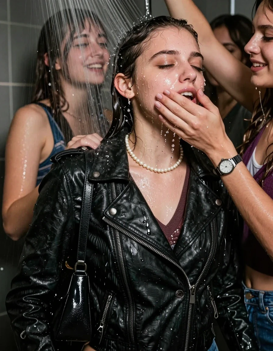 photo of young woman, in soaking wet, drenched clothes,
, , Biker leatherjacket, v- neck sweater belly free, shoulderbag, pearl necklace, bracelet, wristwatch, Intense Orgasm Under the shower, strong jet of water, party room, 
enjoying, wet clothes stuck to body,
detailed textures of the wet clothes, wet face, wet plastered hair,
wet, drenched, professional, high-quality details, full body view.
sharp focus, ultra-high pixel detail, realistic, high-quality, full colors, incredibly detailed, 4k, 8k, 16k, hyper-realistic, RAW photo, masterpiece, ultra-detailed, professionally color graded, professional photograph, Sleek long  ponytail with bangs

 21 years old  school girl and her female  friends

Only head and shoulders are over the surface visible. Looking slightly away. Open mouth, closed eyes . Her mouth is covered by her friends Hand. hugs her friend. Water running down her face and neck.

The girls wear different clothes.

she is completely underwater up to her neck, horny and painful expression. 

her clothing is soaking wet and clinging tightly to her skin, showing heavy wet folds, darkened fabric texture, and deep water-saturated Patches, her clothes are heavy from the water, water runs from her body and her clothes in streams. A lot of water also runs out of her clothes. Her clothes are darkened by the water. Her submerged clothes are good visible under the water.  she soaked her handbag into the water.

close up view, wet skin, wet clothes, wet hair, damp fabric, water runs down the clothes, wet skin, wet clothes, damp fabric. cinematic medium shot, hyper-realistic wetness, high-contrast water sheen, sharp focus, 16k resolution, professional photography, realistic water physics., wet skin, wet clothes, damp fabric, wet skin, wet clothes, damp fabric, wet skin, wet clothes, damp fabric, wet skin, wet clothes, damp fabric, wet skin, wet clothes, damp fabric, wet skin, wet clothes, damp fabric, wet skin, wet clothes, damp fabric, wet skin, wet clothes, damp fabric, wet skin, wet clothes, damp fabric