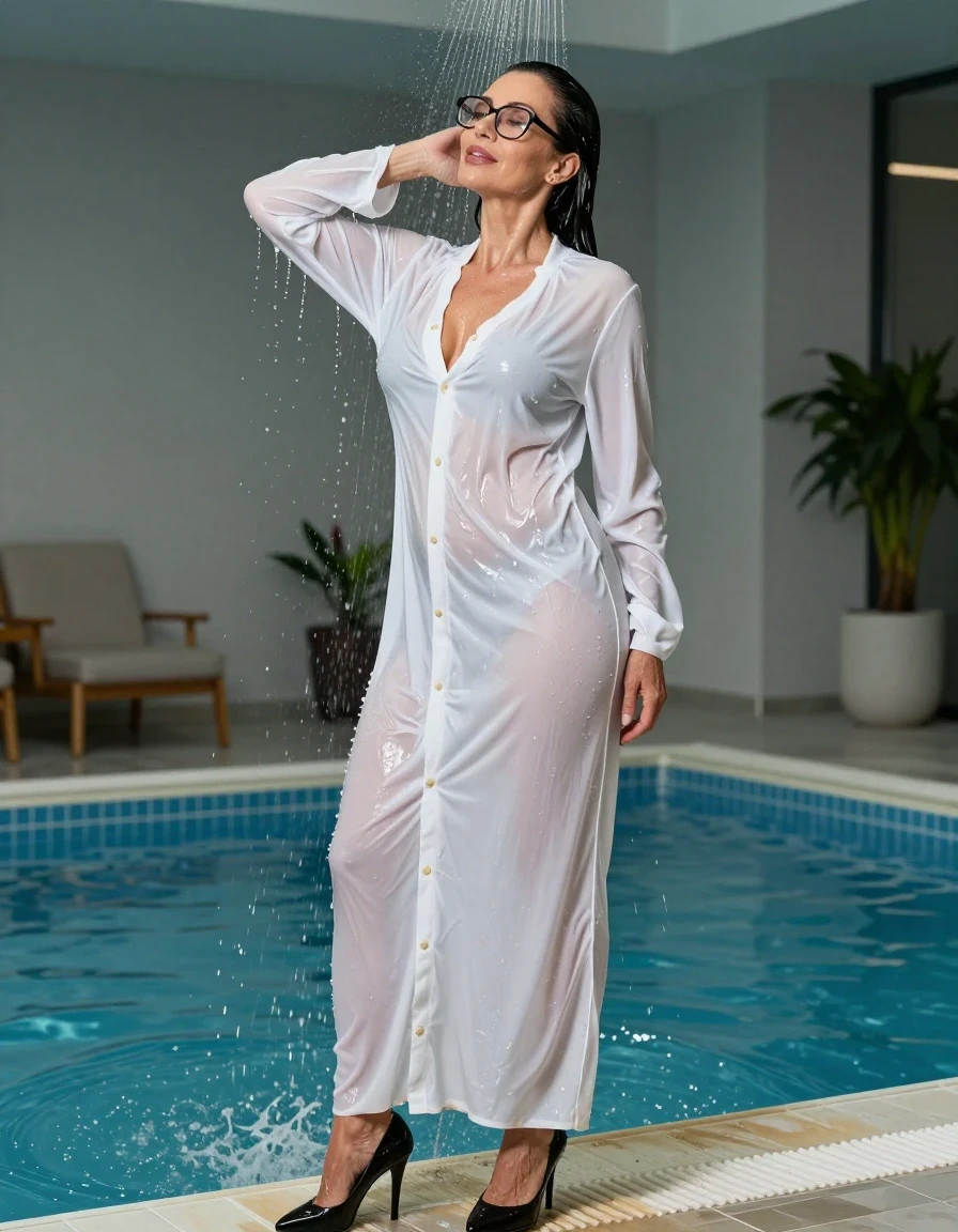 photo of young woman, in soaking wet, drenched clothes,
black high-heels shoes, maxi white dress, maxi whitek dress, taking shower after bath in indoor pool, enjoying wet clothes stuck body, enjoying, wet clothes stuck to body, 
enjoying, wet clothes stuck to body,
detailed textures of the wet clothes, wet face, wet plastered hair,
wet, drenched, professional, high-quality details, full body view.
sharp focus, ultra-high pixel detail, realistic, high-quality, full colors, incredibly detailed, 4k, 8k, 16k, hyper-realistic, RAW photo, masterpiece, ultra-detailed, professionally color graded, professional photograph, europen brunette skinny woman 50 years old, long dark black hair, office glasses, very big and thick lips, complete body, wet skin, wet clothes, damp fabric, wet skin, wet clothes, damp fabric, wet skin, wet clothes, damp fabric, wet skin, wet clothes, damp fabric, wet skin, wet clothes, damp fabric, wet skin, wet clothes, damp fabric, wet skin, wet clothes, damp fabric