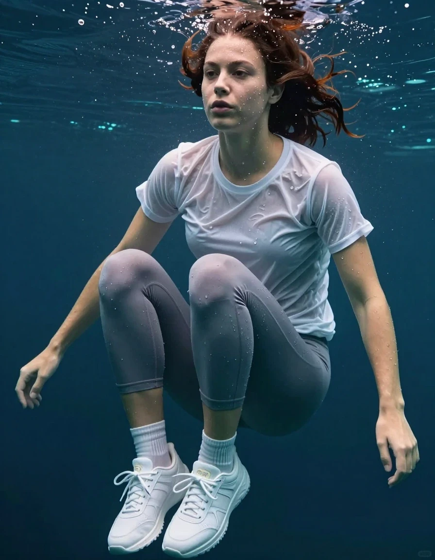 photo of young woman, in soaking wet, drenched clothes,
white  sneakers, white socks, capri yoga pants, white t shirt, underwater, 
enjoying, wet clothes stuck to body,
detailed textures of the wet clothes, wet face, wet plastered hair,
wet, drenched, professional, high-quality details, full body view.
sharp focus, ultra-high pixel detail, realistic, high-quality, full colors, incredibly detailed, 4k, 8k, 16k, hyper-realistic, RAW photo, masterpiece, ultra-detailed, professionally color graded, professional photograph, wet skin, wet clothes, damp fabric