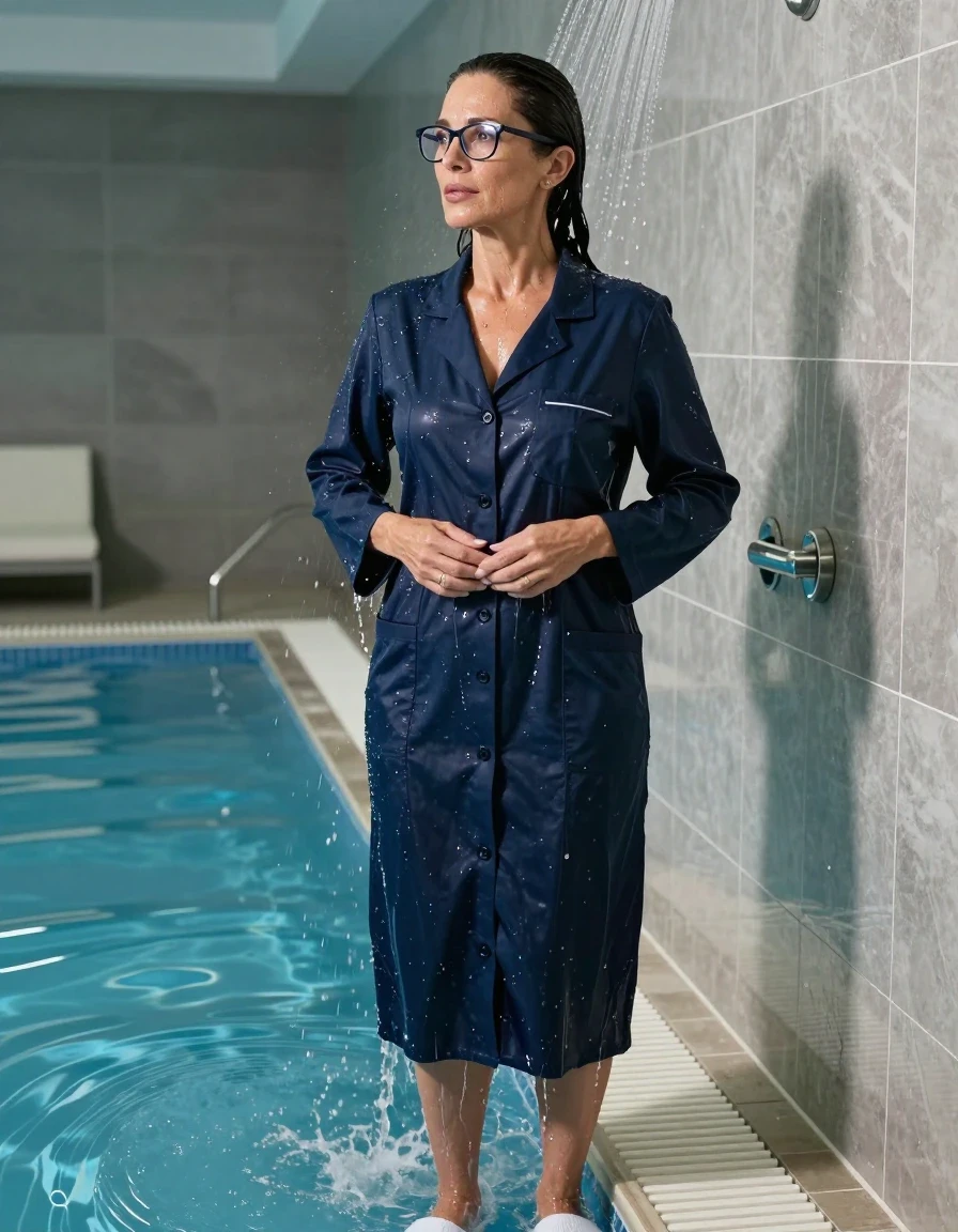 photo of young woman, in soaking wet, drenched clothes,
white slippers, maxi dark blue labdress, maxi dark blue labdress, taking shower after bath in indoor swimming pool, enjoying wet clothes stuck body, enjoying, wet clothes stuck to body, 
enjoying, wet clothes stuck to body,
detailed textures of the wet clothes, wet face, wet plastered hair,
wet, drenched, professional, high-quality details, full body view.
sharp focus, ultra-high pixel detail, realistic, high-quality, full colors, incredibly detailed, 4k, 8k, 16k, hyper-realistic, RAW photo, masterpiece, ultra-detailed, professionally color graded, professional photograph, europen brunette skinny woman 50 years old, long dark black hair, office glasses, very big and thick lips, complete body, wet skin, wet clothes, damp fabric, wet skin, wet clothes, damp fabric, wet skin, wet clothes, damp fabric, wet skin, wet clothes, damp fabric, wet skin, wet clothes, damp fabric, wet skin, wet clothes, damp fabric, wet skin, wet clothes, damp fabric