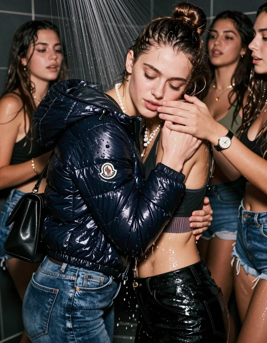 photo of young woman, in soaking wet, drenched clothes,
, Skinny jeans, Moncler shiny puffer down jacket, sweater belly free, shoulderbag, pearl necklace, bracelet, wristwatch, Orgasm Under the shower, strong jet of water, party room, 
enjoying, wet clothes stuck to body,
detailed textures of the wet clothes, wet face, wet plastered hair,
wet, drenched, professional, high-quality details, full body view.
sharp focus, ultra-high pixel detail, realistic, high-quality, full colors, incredibly detailed, 4k, 8k, 16k, hyper-realistic, RAW photo, masterpiece, ultra-detailed, professionally color graded, professional photograph, Topknot

 18 years old  teenage girl and her female  friends

Only head and shoulders are over the surface visible. Looking down to the side.  closed eyes . Her mouth is covered by her friends Hand. hugs her friend.

The girls wear different clothes.

she is completely underwater up to her neck, horny and Strenuous painful expression. 

her clothing is soaking wet and clinging tightly to her skin, showing heavy wet folds, darkened fabric texture, and deep water-saturated Patches, her clothes are heavy from the water, water runs from her body and her clothes in streams. A lot of water also runs out of her clothes. Her clothes are darkened by the water. Her submerged clothes are good visible under the water.  she soaked her handbag into the water.

close up view, wet skin, wet clothes, wet hair, damp fabric, water runs down the clothes, wet skin, wet clothes, damp fabric. cinematic medium shot, hyper-realistic wetness, high-contrast water sheen, sharp focus, 16k resolution, professional photography, realistic water physics., wet skin, wet clothes, damp fabric, wet skin, wet clothes, damp fabric, wet skin, wet clothes, damp fabric, wet skin, wet clothes, damp fabric, wet skin, wet clothes, damp fabric, wet skin, wet clothes, damp fabric, wet skin, wet clothes, damp fabric, wet skin, wet clothes, damp fabric