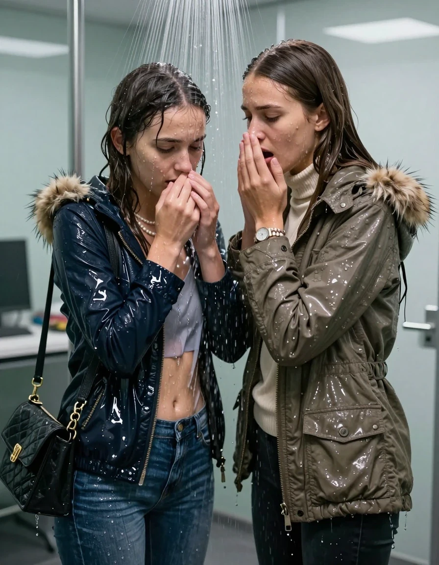 photo of young woman, in soaking wet, drenched clothes,
, Skinny jeans, Parka with fur, Long sleeve turtleneck sweater belly free, shoulderbag, pearl necklace, bracelet, wristwatch, Under the shower emerging in a large tube, strong jet of water, at office , 
enjoying, wet clothes stuck to body,
detailed textures of the wet clothes, wet face, wet plastered hair,
wet, drenched, professional, high-quality details, full body view.
sharp focus, ultra-high pixel detail, realistic, high-quality, full colors, incredibly detailed, 4k, 8k, 16k, hyper-realistic, RAW photo, masterpiece, ultra-detailed, professionally color graded, professional photograph, Long Sleek straight hair

Two 15-years-old  teenage girl and her female  friends

Only head and shoulders are over the surface visible. Looking down. Open mouth . Covers her nose with a hand. hugs her friend. Water running down her face and neck.

The girls wear different clothes and jackets.

she is completely underwater up to her neck, afraid and astonished expression. 

her clothing is soaking wet and clinging tightly to her skin, showing heavy wet folds, darkened fabric texture, and deep water-saturated Patches, her clothes are heavy from the water, water runs from her body and her clothes in streams. A lot of water also runs out of her clothes. Her clothes are darkened by the water. Her submerged clothes are good visible under the water.  she soaked her handbag into the water.

close up view, wet skin, wet clothes, wet hair, damp fabric, water runs down the clothes, wet skin, wet clothes, damp fabric. cinematic medium shot, hyper-realistic wetness, high-contrast water sheen, sharp focus, 16k resolution, professional photography, realistic water physics., wet skin, wet clothes, damp fabric, wet skin, wet clothes, damp fabric, wet skin, wet clothes, damp fabric, wet skin, wet clothes, damp fabric, wet skin, wet clothes, damp fabric, wet skin, wet clothes, damp fabric, wet skin, wet clothes, damp fabric, wet skin, wet clothes, damp fabric, wet skin, wet clothes, damp fabric, wet skin, wet clothes, damp fabric