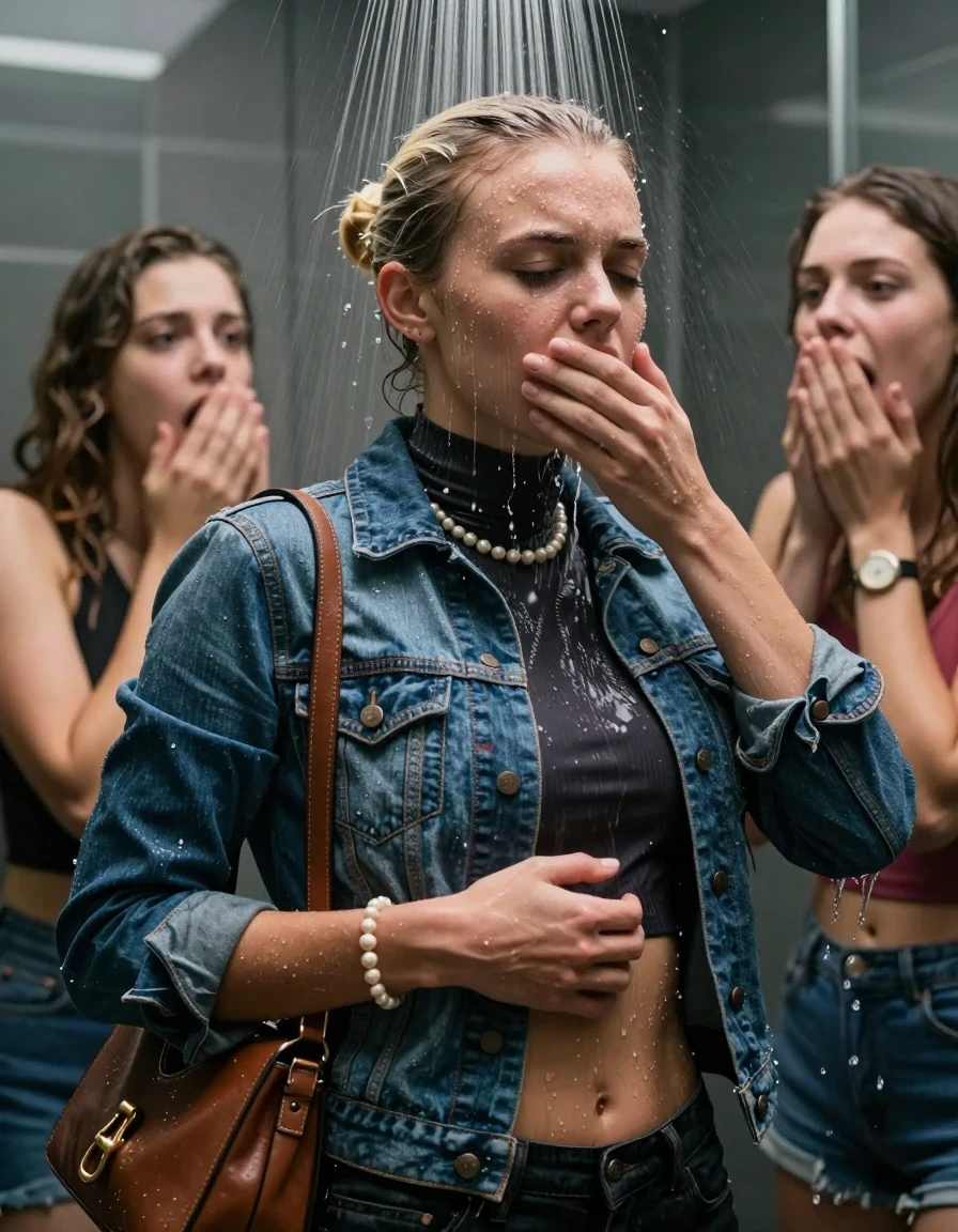 photo of young woman, in soaking wet, drenched clothes,
, , Denim jacket, tight turtleneck sweater belly free, shoulderbag, pearl necklace, bracelet, wristwatch, Intense Orgasm Under the shower, strong jet of water, modern mirrored bathroom, 
enjoying, wet clothes stuck to body,
detailed textures of the wet clothes, wet face, wet plastered hair,
wet, drenched, professional, high-quality details, full body view.
sharp focus, ultra-high pixel detail, realistic, high-quality, full colors, incredibly detailed, 4k, 8k, 16k, hyper-realistic, RAW photo, masterpiece, ultra-detailed, professionally color graded, professional photograph, Blonde Sleek bun

 21 years old  teenage girl and her surprised female  friends

Only head and shoulders are over the surface visible. Looking at Camera . Open mouth, half closed eyes . Her mouth is covered by her friends Hand. hugs her friend. Water running down her face and neck.

The girls wear different clothes.

she is completely underwater up to her neck, horny and painful expression. 

her clothing is soaking wet and clinging tightly to her skin, showing heavy wet folds, darkened fabric texture, and deep water-saturated Patches, her clothes are heavy from the water, water runs from her body and her clothes in streams. A lot of water also runs out of her clothes. Her clothes are darkened by the water. Her submerged clothes are good visible under the water.  she soaked her handbag into the water.

close up view, wet skin, wet clothes, wet hair, damp fabric, water runs down the clothes, wet skin, wet clothes, damp fabric. cinematic medium shot, hyper-realistic wetness, high-contrast water sheen, sharp focus, 16k resolution, professional photography, realistic water physics., wet skin, wet clothes, damp fabric, wet skin, wet clothes, damp fabric, wet skin, wet clothes, damp fabric, wet skin, wet clothes, damp fabric, wet skin, wet clothes, damp fabric, wet skin, wet clothes, damp fabric, wet skin, wet clothes, damp fabric, wet skin, wet clothes, damp fabric, wet skin, wet clothes, damp fabric