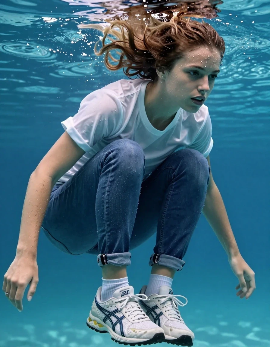 photo of young woman, in soaking wet, drenched clothes,
asics sneakers, white  socks, jeans, white t shirt, swim underwater, 
enjoying, wet clothes stuck to body,
detailed textures of the wet clothes, wet face, wet plastered hair,
wet, drenched, professional, high-quality details, full body view.
sharp focus, ultra-high pixel detail, realistic, high-quality, full colors, incredibly detailed, 4k, 8k, 16k, hyper-realistic, RAW photo, masterpiece, ultra-detailed, professionally color graded, professional photograph, wet skin, wet clothes, damp fabric