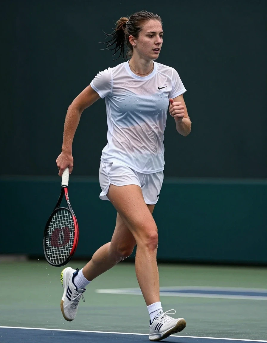 photo of young woman, in soaking wet, drenched clothes,
running sneakers, short white socks, shorts, t shirt, , 
enjoying, wet clothes stuck to body,
detailed textures of the wet clothes, wet face, wet plastered hair,
wet, drenched, professional, high-quality details, full body view.
sharp focus, ultra-high pixel detail, realistic, high-quality, full colors, incredibly detailed, 4k, 8k, 16k, hyper-realistic, RAW photo, masterpiece, ultra-detailed, professionally color graded, professional photograph, play  tennis game underwater, wet skin, wet clothes, damp fabric
