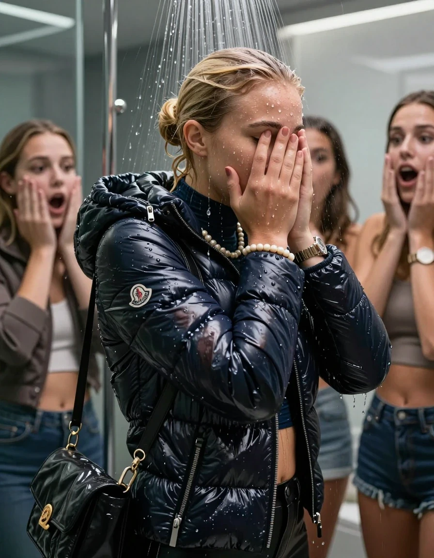 photo of young woman, in soaking wet, drenched clothes,
, , Moncler shiny puffer down jacket, tight turtleneck sweater belly free, shoulderbag, pearl necklace, bracelet, wristwatch, Under the shower, strong jet of water, modern mirrored bathroom, 
enjoying, wet clothes stuck to body,
detailed textures of the wet clothes, wet face, wet plastered hair,
wet, drenched, professional, high-quality details, full body view.
sharp focus, ultra-high pixel detail, realistic, high-quality, full colors, incredibly detailed, 4k, 8k, 16k, hyper-realistic, RAW photo, masterpiece, ultra-detailed, professionally color graded, professional photograph, Blonde Sleek bun

 21 years old  teenage girl and her surprised female  friends

Only head and shoulders are over the surface visible. Looking at Camera . Open mouth, half closed eyes . Hold her hands on her face. hugs her friend. Water running down her face and neck.

The girls wear different clothes and down jackets.

she is completely underwater up to her neck, horny and astonished expression. 

her clothing is soaking wet and clinging tightly to her skin, showing heavy wet folds, darkened fabric texture, and deep water-saturated Patches, her clothes are heavy from the water, water runs from her body and her clothes in streams. A lot of water also runs out of her clothes. Her clothes are darkened by the water. Her submerged clothes are good visible under the water.  she soaked her handbag into the water.

close up view, wet skin, wet clothes, wet hair, damp fabric, water runs down the clothes, wet skin, wet clothes, damp fabric. cinematic medium shot, hyper-realistic wetness, high-contrast water sheen, sharp focus, 16k resolution, professional photography, realistic water physics., wet skin, wet clothes, damp fabric, wet skin, wet clothes, damp fabric, wet skin, wet clothes, damp fabric, wet skin, wet clothes, damp fabric, wet skin, wet clothes, damp fabric, wet skin, wet clothes, damp fabric, wet skin, wet clothes, damp fabric, wet skin, wet clothes, damp fabric, wet skin, wet clothes, damp fabric