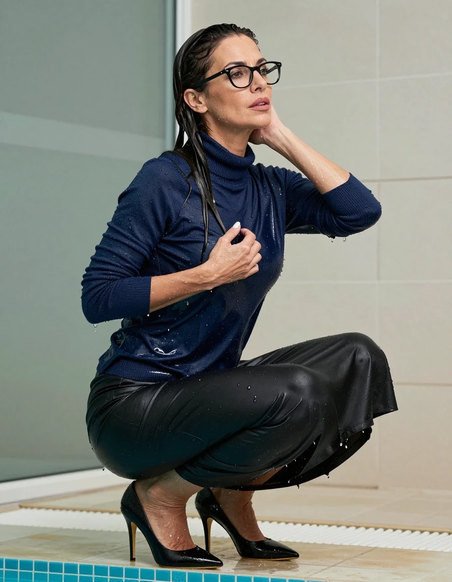 photo of young woman, in soaking wet, drenched clothes,
black high-heels shoes, maxi black skirt, dark blue sweater with neck, taking shower after bath in indoor pool, enjoying wet clothes stuck body, enjoying, wet clothes stuck to body, 
enjoying, wet clothes stuck to body,
detailed textures of the wet clothes, wet face, wet plastered hair,
wet, drenched, professional, high-quality details, full body view.
sharp focus, ultra-high pixel detail, realistic, high-quality, full colors, incredibly detailed, 4k, 8k, 16k, hyper-realistic, RAW photo, masterpiece, ultra-detailed, professionally color graded, professional photograph, europen brunette skinny woman 50 years old, long dark black hair, office glasses, very big and thick lips, complete body, wet skin, wet clothes, damp fabric, wet skin, wet clothes, damp fabric, wet skin, wet clothes, damp fabric, wet skin, wet clothes, damp fabric, wet skin, wet clothes, damp fabric, wet skin, wet clothes, damp fabric, wet skin, wet clothes, damp fabric