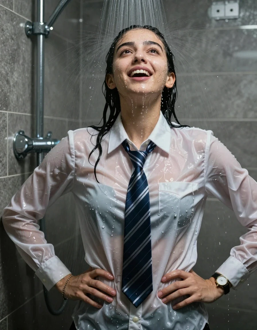 photo of young woman, in soaking wet, drenched clothes,
, , , long sleeve smart white school satin shirt, striped tie, bracelet, wristwatch,, Under the shower, strong jet of water, party room, 
enjoying, wet clothes stuck to body,
detailed textures of the wet clothes, wet face, wet plastered hair,
wet, drenched, professional, high-quality details, full body view.
sharp focus, ultra-high pixel detail, realistic, high-quality, full colors, incredibly detailed, 4k, 8k, 16k, hyper-realistic, RAW photo, masterpiece, ultra-detailed, professionally color graded, professional photograph, An 18 year old Indians lady

Only head and shoulders are over the surface visible. Open mouth smiling, open eyes. Looking up. Hands on hips. Water running down her face and neck
No bra.

she is completely underwater up to her neck, surprised and astonished expression. 

her clothing is soaking wet and clinging tightly to her skin, showing heavy wet folds, darkened fabric texture, and deep water-saturated Patches, her clothes are heavy from the water, water runs from her body and her clothes in streams. A lot of water also runs out of her clothes. Her clothes are darkened by the water. Her submerged clothes are good visible under the water.  she soaked her handbag into the water.

close up view, wet skin, wet clothes, wet hair, damp fabric, water runs down the clothes, wet skin, wet clothes, damp fabric. cinematic medium shot, hyper-realistic wetness, high-contrast water sheen, sharp focus, 16k resolution, professional photography, realistic water physics., wet skin, wet clothes, damp fabric, wet skin, wet clothes, damp fabric, wet skin, wet clothes, damp fabric, wet skin, wet clothes, damp fabric, wet skin, wet clothes, damp fabric, wet skin, wet clothes, damp fabric