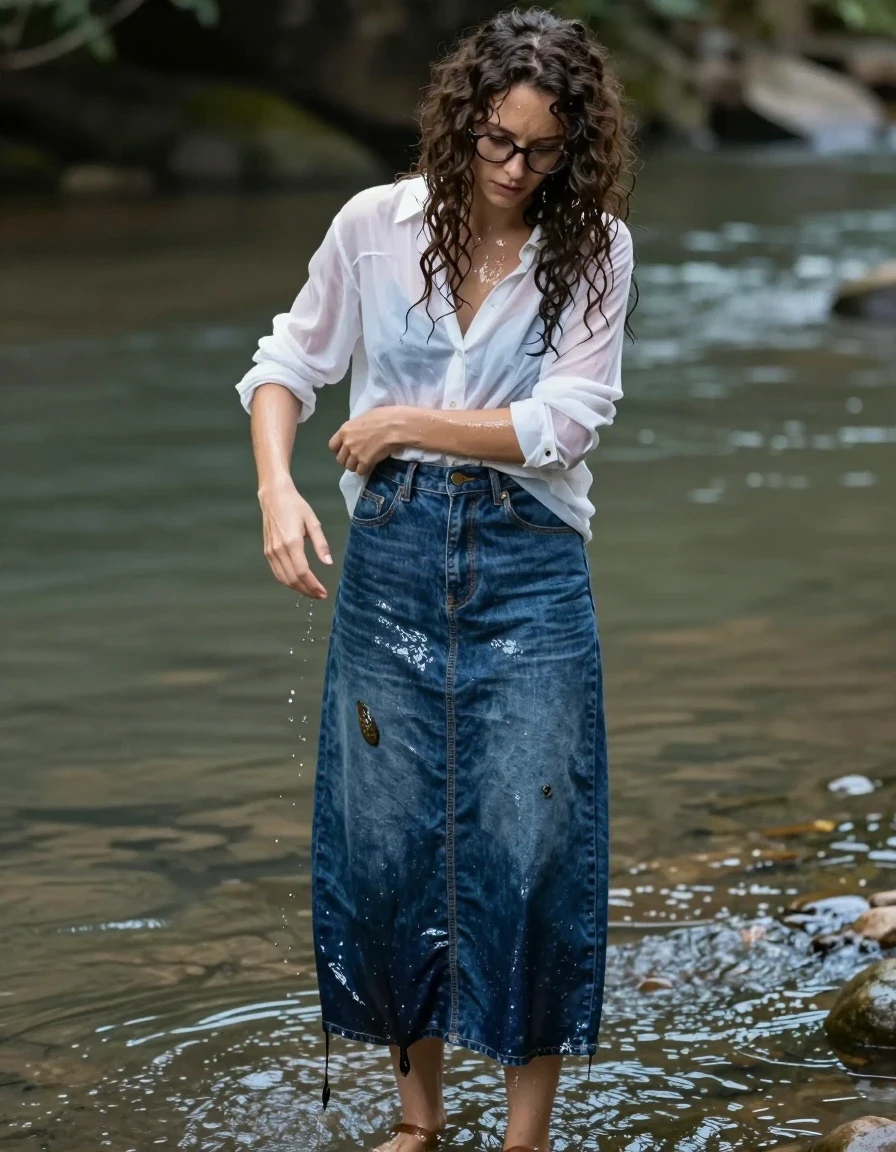 A photorealistic portrait of a young adult European woman with long curly hair and glasses, standing in a shallow river, appearing disoriented as she attempts to wash mud off her clothes. She is wearing an unbuttoned long-sleeved white blouse that is sheer and clinging to her skin from the water, and a floor-length denim skirt made of soaking-wet blue denim, water-saturated heavyweight denim, blue changed to deep navy and indigo, substantially darker unevenly soaked patches, absorbed water, heavy wet folds, visible weave and stitching, and strong glossy specular reflections on the raised weave, seams, and creases. She is wearing sandals on her feet. Her skin is glistening with water, and her curly hair is damp and matted. The setting is a natural riverbed with murky, flowing water. Cinematic lighting highlights the texture of the wet fabric and the sheen on her skin, shot with a shallow depth of field, 8k resolution, highly detailed textures, realistic water physics, and natural daylight.
