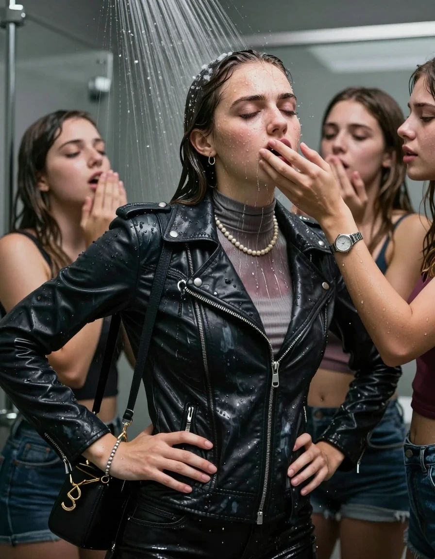 photo of young woman, in soaking wet, drenched clothes,
, , Biker leatherjacket, tight turtleneck sweater belly free, shoulderbag, pearl necklace, bracelet, wristwatch, Intense Orgasm Under the shower, strong jet of water, modern mirrored bathroom, 
enjoying, wet clothes stuck to body,
detailed textures of the wet clothes, wet face, wet plastered hair,
wet, drenched, professional, high-quality details, full body view.
sharp focus, ultra-high pixel detail, realistic, high-quality, full colors, incredibly detailed, 4k, 8k, 16k, hyper-realistic, RAW photo, masterpiece, ultra-detailed, professionally color graded, professional photograph, Sleek long straight hair

 21 years old  school girl and her female  friends

Only head and shoulders are over the surface visible. Looking slightly away. Open mouth, closed eyes . Hands on her hips. Her mouth is covered by her friends Hand. hugs her friend. Water running down her face and neck.

The girls wear different clothes.

she is completely underwater up to her neck, horny and painful expression. 

her clothing is soaking wet and clinging tightly to her skin, showing heavy wet folds, darkened fabric texture, and deep water-saturated Patches, her clothes are heavy from the water, water runs from her body and her clothes in streams. A lot of water also runs out of her clothes. Her clothes are darkened by the water. Her submerged clothes are good visible under the water.  she soaked her handbag into the water.

close up view, wet skin, wet clothes, wet hair, damp fabric, water runs down the clothes, wet skin, wet clothes, damp fabric. cinematic medium shot, hyper-realistic wetness, high-contrast water sheen, sharp focus, 16k resolution, professional photography, realistic water physics., wet skin, wet clothes, damp fabric, wet skin, wet clothes, damp fabric, wet skin, wet clothes, damp fabric, wet skin, wet clothes, damp fabric, wet skin, wet clothes, damp fabric, wet skin, wet clothes, damp fabric, wet skin, wet clothes, damp fabric, wet skin, wet clothes, damp fabric, wet skin, wet clothes, damp fabric