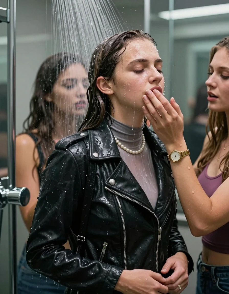 photo of young woman, in soaking wet, drenched clothes,
, , Biker leatherjacket, tight turtleneck sweater belly free, shoulderbag, pearl necklace, bracelet, wristwatch, Intense Orgasm Under the shower, strong jet of water, modern mirrored bathroom, 
enjoying, wet clothes stuck to body,
detailed textures of the wet clothes, wet face, wet plastered hair,
wet, drenched, professional, high-quality details, full body view.
sharp focus, ultra-high pixel detail, realistic, high-quality, full colors, incredibly detailed, 4k, 8k, 16k, hyper-realistic, RAW photo, masterpiece, ultra-detailed, professionally color graded, professional photograph, Sleek long straight hair

 21 years old  school girl and her female  friends

Only head and shoulders are over the surface visible. Looking slightly away. Open mouth, closed eyes . Her mouth is covered by her friends Hand. hugs her friend. Water running down her face and neck.

The girls wear different clothes.

she is completely underwater up to her neck, horny and painful expression. 

her clothing is soaking wet and clinging tightly to her skin, showing heavy wet folds, darkened fabric texture, and deep water-saturated Patches, her clothes are heavy from the water, water runs from her body and her clothes in streams. A lot of water also runs out of her clothes. Her clothes are darkened by the water. Her submerged clothes are good visible under the water.  she soaked her handbag into the water.

close up view, wet skin, wet clothes, wet hair, damp fabric, water runs down the clothes, wet skin, wet clothes, damp fabric. cinematic medium shot, hyper-realistic wetness, high-contrast water sheen, sharp focus, 16k resolution, professional photography, realistic water physics., wet skin, wet clothes, damp fabric, wet skin, wet clothes, damp fabric, wet skin, wet clothes, damp fabric, wet skin, wet clothes, damp fabric, wet skin, wet clothes, damp fabric, wet skin, wet clothes, damp fabric, wet skin, wet clothes, damp fabric, wet skin, wet clothes, damp fabric, wet skin, wet clothes, damp fabric