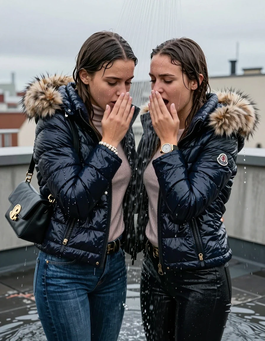 photo of young woman, in soaking wet, drenched clothes,
, Skinny jeans, Moncler Shiny puffer down Parka with fur, Long sleeve turtleneck sweater belly free, shoulderbag, pearl necklace, bracelet, wristwatch, Under the shower emerging in a tube, strong jet of water, at roof top appartement , 
enjoying, wet clothes stuck to body,
detailed textures of the wet clothes, wet face, wet plastered hair,
wet, drenched, professional, high-quality details, full body view.
sharp focus, ultra-high pixel detail, realistic, high-quality, full colors, incredibly detailed, 4k, 8k, 16k, hyper-realistic, RAW photo, masterpiece, ultra-detailed, professionally color graded, professional photograph, Long Sleek straight hair

Two 15-years-old  teenage girl and her female  friends

Only head and shoulders are over the surface visible. Looking down. Open mouth . Covers her nose with a hand. hugs her friend. Water running down her face and neck.

The girls wear different clothes and jackets.

she is completely underwater up to her neck, afraid and astonished expression. 

her clothing is soaking wet and clinging tightly to her skin, showing heavy wet folds, darkened fabric texture, and deep water-saturated Patches, her clothes are heavy from the water, water runs from her body and her clothes in streams. A lot of water also runs out of her clothes. Her clothes are darkened by the water. Her submerged clothes are good visible under the water.  she soaked her handbag into the water.

close up view, wet skin, wet clothes, wet hair, damp fabric, water runs down the clothes, wet skin, wet clothes, damp fabric. cinematic medium shot, hyper-realistic wetness, high-contrast water sheen, sharp focus, 16k resolution, professional photography, realistic water physics., wet skin, wet clothes, damp fabric, wet skin, wet clothes, damp fabric, wet skin, wet clothes, damp fabric, wet skin, wet clothes, damp fabric, wet skin, wet clothes, damp fabric, wet skin, wet clothes, damp fabric, wet skin, wet clothes, damp fabric, wet skin, wet clothes, damp fabric, wet skin, wet clothes, damp fabric, wet skin, wet clothes, damp fabric
