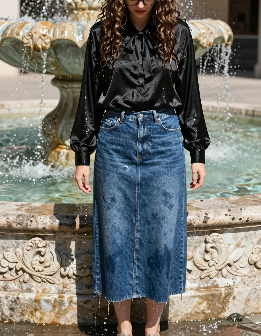 A photorealistic medium shot of a young adult European woman with long curly hair and glasses, wearing an oversized black silk long-sleeved blouse with a prominent bowtie, and a floor-length denim skirt. She is standing knee-deep in a decorative stone fountain on a scorching hot summer day, with the water visibly soaking her attire. The floor-length denim skirt is rendered as a soaking-wet blue denim skirt, water-saturated heavyweight denim, blue changed to deep navy and indigo, substantially darker unevenly soaked patches, absorbed water, heavy wet folds, visible weave and stitching, and strong glossy specular reflections on the raised weave, seams, and creases. Her silk blouse is drenched, clinging to her skin with a translucent sheen, and her long curly hair is matted and dripping wet. She wears simple sandals, her expression one of immense relief as she stands amidst the splashing water. The lighting is harsh and bright, emphasizing the high-contrast wet textures, glistening skin, and the shimmering water surface of the fountain. Captured with a sharp focus, realistic skin texture, and high-fidelity wet-look photographic detail.