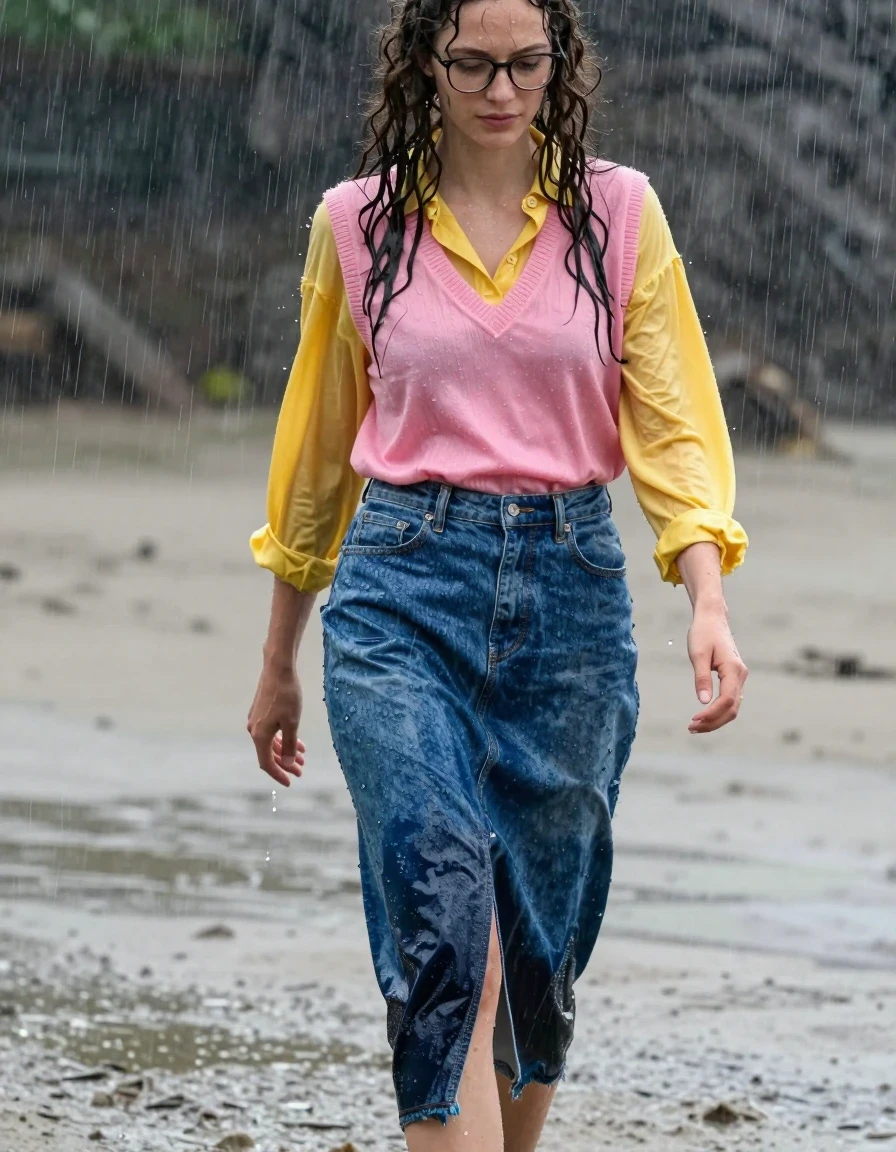 A photorealistic medium shot of a young adult European woman with long curly hair and glasses, strolling along a sandy beach during a heavy rainstorm. She is wearing a pink v-neck vest layered over a long-sleeved yellow blouse, paired with a floor-length denim skirt. The skirt is soaking-wet blue denim, water-saturated heavyweight denim, blue changed to deep navy and indigo, substantially darker unevenly soaked patches, absorbed water, heavy wet folds, visible weave and stitching, and strong glossy specular reflections on the raised weave, seams, and creases. Her skin and hair are drenched, with water sheen clinging to her face and arms. The damp fabric of the vest and blouse clings to her frame, showing heavy, water-logged texture. The atmosphere is moody and overcast with rain falling, soft natural lighting catching the wet surfaces of her clothing and skin, high-resolution, sharp focus, cinematic photography, realistic water textures.