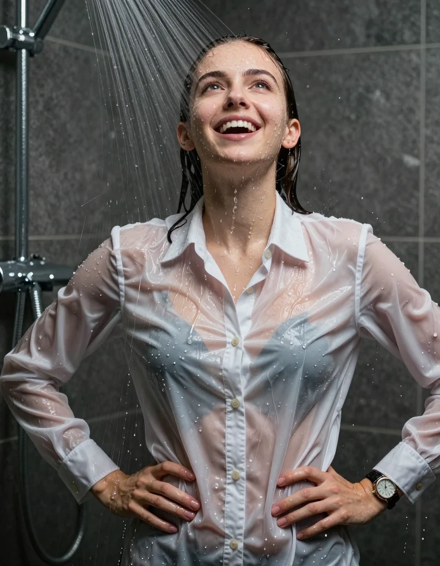 photo of young woman, in soaking wet, drenched clothes,
, , , long sleeve smart white school satin shirt bracelet, wristwatch,, Under the shower, strong jet of water, party room, 
enjoying, wet clothes stuck to body,
detailed textures of the wet clothes, wet face, wet plastered hair,
wet, drenched, professional, high-quality details, full body view.
sharp focus, ultra-high pixel detail, realistic, high-quality, full colors, incredibly detailed, 4k, 8k, 16k, hyper-realistic, RAW photo, masterpiece, ultra-detailed, professionally color graded, professional photograph, An 18 year old lady

Only head and shoulders are over the surface visible. Open mouth smiling, open eyes. Looking up. Hands on hips. Water running down her face and neck

The girls wear same clothes.

she is completely underwater up to her neck, surprised and astonished expression. 

her clothing is soaking wet and clinging tightly to her skin, showing heavy wet folds, darkened fabric texture, and deep water-saturated Patches, her clothes are heavy from the water, water runs from her body and her clothes in streams. A lot of water also runs out of her clothes. Her clothes are darkened by the water. Her submerged clothes are good visible under the water.  she soaked her handbag into the water.

close up view, wet skin, wet clothes, wet hair, damp fabric, water runs down the clothes, wet skin, wet clothes, damp fabric. cinematic medium shot, hyper-realistic wetness, high-contrast water sheen, sharp focus, 16k resolution, professional photography, realistic water physics., wet skin, wet clothes, damp fabric, wet skin, wet clothes, damp fabric, wet skin, wet clothes, damp fabric, wet skin, wet clothes, damp fabric, wet skin, wet clothes, damp fabric, wet skin, wet clothes, damp fabric