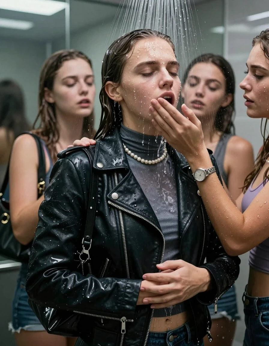 photo of young woman, in soaking wet, drenched clothes,
, , Biker leatherjacket, tight turtleneck sweater belly free, shoulderbag, pearl necklace, bracelet, wristwatch, Intense Orgasm Under the shower, strong jet of water, modern mirrored bathroom, 
enjoying, wet clothes stuck to body,
detailed textures of the wet clothes, wet face, wet plastered hair,
wet, drenched, professional, high-quality details, full body view.
sharp focus, ultra-high pixel detail, realistic, high-quality, full colors, incredibly detailed, 4k, 8k, 16k, hyper-realistic, RAW photo, masterpiece, ultra-detailed, professionally color graded, professional photograph, Sleek long straight hair

 21 years old  school girl and her female  friends

Only head and shoulders are over the surface visible. Looking slightly away. Open mouth, closed eyes . Arms on her hipp. Her mouth is covered by her friends Hand. hugs her friend. Water running down her face and neck.

The girls wear different clothes.

she is completely underwater up to her neck, horny and painful expression. 

her clothing is soaking wet and clinging tightly to her skin, showing heavy wet folds, darkened fabric texture, and deep water-saturated Patches, her clothes are heavy from the water, water runs from her body and her clothes in streams. A lot of water also runs out of her clothes. Her clothes are darkened by the water. Her submerged clothes are good visible under the water.  she soaked her handbag into the water.

close up view, wet skin, wet clothes, wet hair, damp fabric, water runs down the clothes, wet skin, wet clothes, damp fabric. cinematic medium shot, hyper-realistic wetness, high-contrast water sheen, sharp focus, 16k resolution, professional photography, realistic water physics., wet skin, wet clothes, damp fabric, wet skin, wet clothes, damp fabric, wet skin, wet clothes, damp fabric, wet skin, wet clothes, damp fabric, wet skin, wet clothes, damp fabric, wet skin, wet clothes, damp fabric, wet skin, wet clothes, damp fabric, wet skin, wet clothes, damp fabric, wet skin, wet clothes, damp fabric