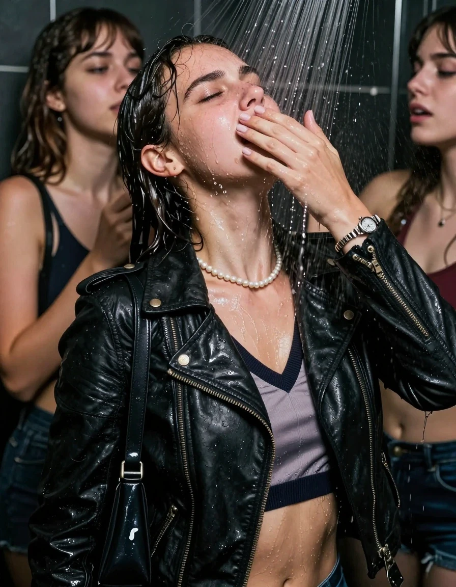 photo of young woman, in soaking wet, drenched clothes,
, , Biker leatherjacket, v- neck sweater belly free, shoulderbag, pearl necklace, bracelet, wristwatch, Intense Orgasm Under the shower, strong jet of water, party room, 
enjoying, wet clothes stuck to body,
detailed textures of the wet clothes, wet face, wet plastered hair,
wet, drenched, professional, high-quality details, full body view.
sharp focus, ultra-high pixel detail, realistic, high-quality, full colors, incredibly detailed, 4k, 8k, 16k, hyper-realistic, RAW photo, masterpiece, ultra-detailed, professionally color graded, professional photograph, Sleek long  ponytail with bangs

 21 years old  school girl and her female  friends

Only head and shoulders are over the surface visible. Looking up to the side.  closed eyes . Her mouth is covered by her friends Hand. hugs her friend. Water running down her face and neck.

The girls wear different clothes.

she is completely underwater up to her neck, horny and painful expression. 

her clothing is soaking wet and clinging tightly to her skin, showing heavy wet folds, darkened fabric texture, and deep water-saturated Patches, her clothes are heavy from the water, water runs from her body and her clothes in streams. A lot of water also runs out of her clothes. Her clothes are darkened by the water. Her submerged clothes are good visible under the water.  she soaked her handbag into the water.

close up view, wet skin, wet clothes, wet hair, damp fabric, water runs down the clothes, wet skin, wet clothes, damp fabric. cinematic medium shot, hyper-realistic wetness, high-contrast water sheen, sharp focus, 16k resolution, professional photography, realistic water physics., wet skin, wet clothes, damp fabric, wet skin, wet clothes, damp fabric, wet skin, wet clothes, damp fabric, wet skin, wet clothes, damp fabric, wet skin, wet clothes, damp fabric, wet skin, wet clothes, damp fabric, wet skin, wet clothes, damp fabric, wet skin, wet clothes, damp fabric, wet skin, wet clothes, damp fabric