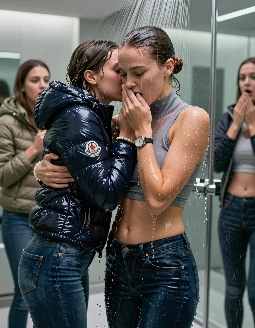 photo of young woman, in soaking wet, drenched clothes,
, Skinny jeans, Moncler shiny puffer down jacket, tight turtleneck sweater belly free, shoulderbag, pearl necklace, bracelet, wristwatch, Under the shower, strong jet of water, modern mirrored bathroom, 
enjoying, wet clothes stuck to body,
detailed textures of the wet clothes, wet face, wet plastered hair,
wet, drenched, professional, high-quality details, full body view.
sharp focus, ultra-high pixel detail, realistic, high-quality, full colors, incredibly detailed, 4k, 8k, 16k, hyper-realistic, RAW photo, masterpiece, ultra-detailed, professionally color graded, professional photograph, Brunette Sleek bun

 15-years-old  teenage girl and her female  friends

Only head and shoulders are over the surface visible. Looking down. Open mouth, half closed eyes . Hold her hands on her mouth and nose . hugs her friend. Water running down her face and neck.

The girls wear different clothes and down jackets.

she is completely underwater up to her neck, horny and astonished expression. 

her clothing is soaking wet and clinging tightly to her skin, showing heavy wet folds, darkened fabric texture, and deep water-saturated Patches, her clothes are heavy from the water, water runs from her body and her clothes in streams. A lot of water also runs out of her clothes. Her clothes are darkened by the water. Her submerged clothes are good visible under the water.  she soaked her handbag into the water.

close up view, wet skin, wet clothes, wet hair, damp fabric, water runs down the clothes, wet skin, wet clothes, damp fabric. cinematic medium shot, hyper-realistic wetness, high-contrast water sheen, sharp focus, 16k resolution, professional photography, realistic water physics., wet skin, wet clothes, damp fabric, wet skin, wet clothes, damp fabric, wet skin, wet clothes, damp fabric, wet skin, wet clothes, damp fabric, wet skin, wet clothes, damp fabric, wet skin, wet clothes, damp fabric, wet skin, wet clothes, damp fabric, wet skin, wet clothes, damp fabric, wet skin, wet clothes, damp fabric