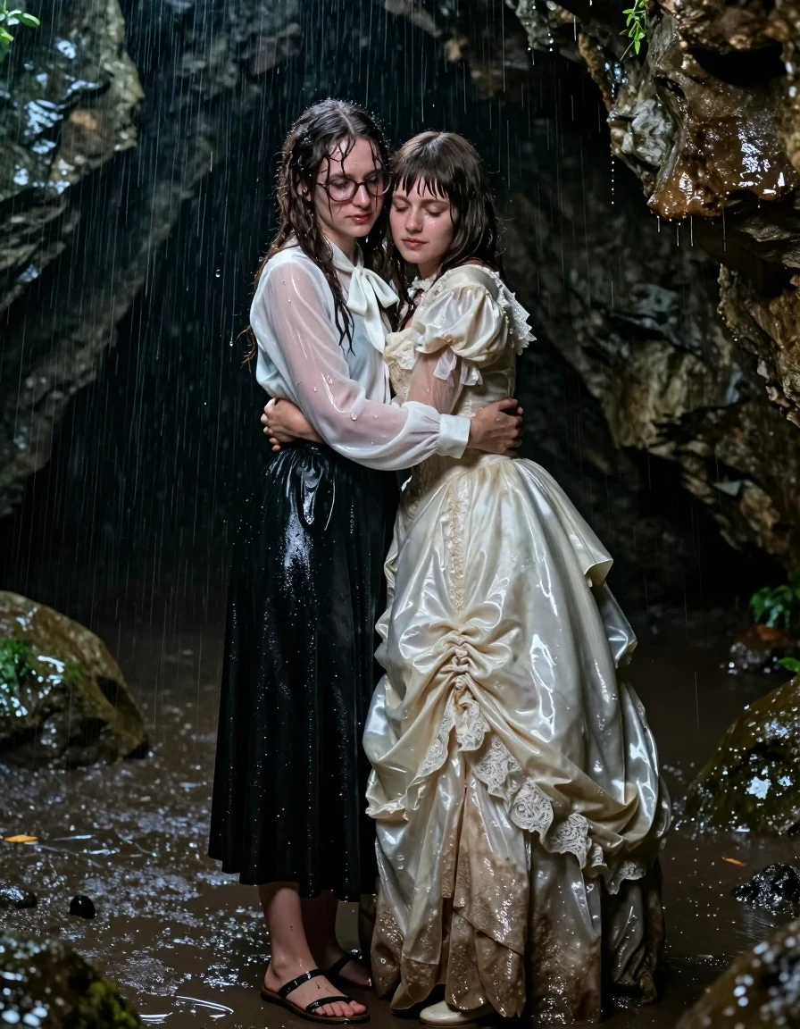 A photorealistic, cinematic shot of two young adult European women huddled together for warmth inside a dark, damp limestone cave while torrential rainfall pours outside the entrance. The first woman has long curly hair, wears glasses, an oversized long-sleeved white silk blouse with a prominent bowtie, a floor-length black silk skirt, and sandals. The second woman has a bowl-cut 'Beatles' hairstyle and wears a voluminous, intricate long Victorian wedding dress. Both women are thoroughly drenched; their hair is matted and clinging to their faces, their skin glistening with moisture and cold water droplets. The white silk blouse is translucent, heavy with water, and clinging to her skin, while the black silk skirt is dark, saturated, and heavy with water, showing deep, wet folds and a high-sheen liquid gloss. The Victorian wedding dress is soaking wet, with the lace and fabric darkened, heavy, and dragging in the damp cave mud. They are shivering, holding each other tightly for warmth in a close, intimate embrace. The environment is dark and cavernous, with slick, glistening rock walls, puddles on the cave floor reflecting the dim ambient light, and a heavy, humid atmosphere. High-contrast lighting, 8k resolution, extreme detail on fabric textures, water saturation, and skin sheen, captured with a 35mm lens, moody and atmospheric.