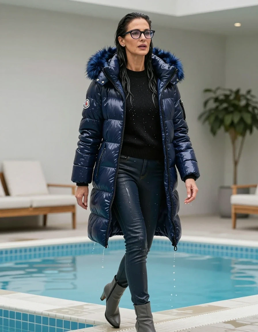 photo of young woman, in soaking wet, drenched clothes,
gray heeled boots, long back leather jeans, black sweater with neck, maxi dark blue Moncler Shiny puffer down jacket with fur, walking and taking shower after bath in indoor pool, enjoying wet clothes stuck body, enjoying, wet clothes stuck to body, 
enjoying, wet clothes stuck to body,
detailed textures of the wet clothes, wet face, wet plastered hair,
wet, drenched, professional, high-quality details, full body view.
sharp focus, ultra-high pixel detail, realistic, high-quality, full colors, incredibly detailed, 4k, 8k, 16k, hyper-realistic, RAW photo, masterpiece, ultra-detailed, professionally color graded, professional photograph, europen brunette skinny woman 50 years old, long dark black hair, office glasses, very big and thick lips, complete body, wet skin, wet clothes, damp fabric, wet skin, wet clothes, damp fabric, wet skin, wet clothes, damp fabric, wet skin, wet clothes, damp fabric, wet skin, wet clothes, damp fabric, wet skin, wet clothes, damp fabric, wet skin, wet clothes, damp fabric