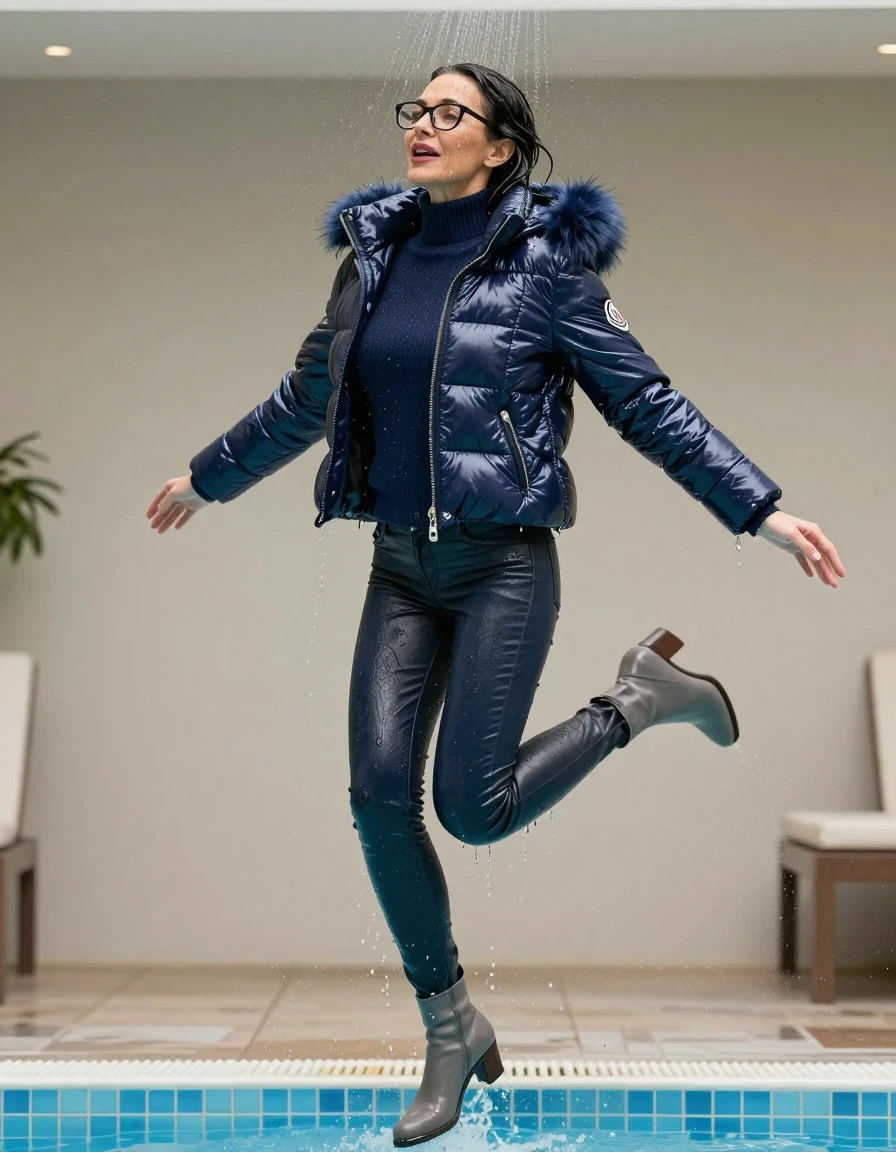 photo of young woman, in soaking wet, drenched clothes,
gray heeled boots, long back leather jeans, dark blue sweater with neck, maxi dark blue Moncler Shiny puffer down jacket with fur, jumping and taking shower after bath in indoor pool, enjoying wet clothes stuck body, enjoying, wet clothes stuck to body, 
enjoying, wet clothes stuck to body,
detailed textures of the wet clothes, wet face, wet plastered hair,
wet, drenched, professional, high-quality details, full body view.
sharp focus, ultra-high pixel detail, realistic, high-quality, full colors, incredibly detailed, 4k, 8k, 16k, hyper-realistic, RAW photo, masterpiece, ultra-detailed, professionally color graded, professional photograph, europen brunette skinny woman 50 years old, long dark black hair, office glasses, very big and thick lips, open mouth, complete body, wet skin, wet clothes, damp fabric, wet skin, wet clothes, damp fabric, wet skin, wet clothes, damp fabric, wet skin, wet clothes, damp fabric, wet skin, wet clothes, damp fabric, wet skin, wet clothes, damp fabric, wet skin, wet clothes, damp fabric