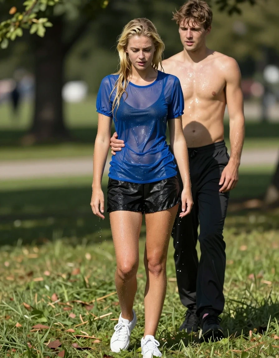 photo of young woman, in soaking wet, drenched clothes,
weiße Sneakers, kurzer schwarzer Faltenrock, blaue transparente Sommerbluse mit Puffärmeln., Ein Park bei Sonnenschein., 
enjoying, wet clothes stuck to body,
detailed textures of the wet clothes, wet face, wet plastered hair,
wet, drenched, professional, high-quality details, full body view.
sharp focus, ultra-high pixel detail, realistic, high-quality, full colors, incredibly detailed, 4k, 8k, 16k, hyper-realistic, RAW photo, masterpiece, ultra-detailed, professionally color graded, professional photograph, Ganzkörperansicht eines sehr jungen Mädchens mit langen blonden Haaren, die bis zur Hüfte reichen. Sie schwitzt in der Sonne sehr stark, ihre Bluse ist daher nass und verschwitzt. Ihr gegenüber steht ein junger Mann mit Badehose. Sie umarmen sich gegenseitig., wet skin, wet clothes, damp fabric