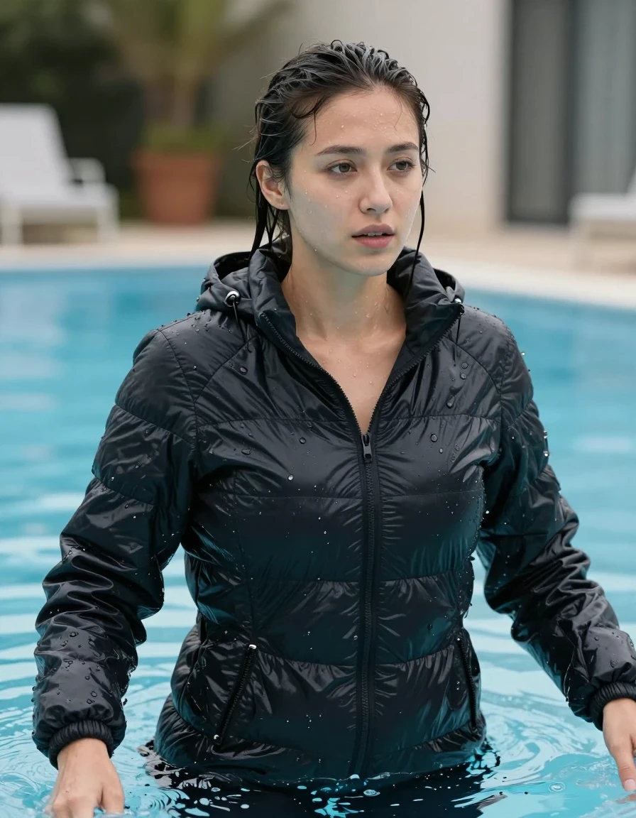 photo of young woman, in soaking wet, drenched clothes,
black puffer jacket with hud, pool, 
enjoying, wet clothes stuck to body,
detailed textures of the wet clothes, wet face, wet plastered hair,
wet, drenched, professional, high-quality details, full body view.
sharp focus, ultra-high pixel detail, realistic, high-quality, full colors, incredibly detailed, 4k, 8k, 16k, hyper-realistic, RAW photo, masterpiece, ultra-detailed, professionally color graded, professional photograph, wet skin, wet clothes, damp fabric
