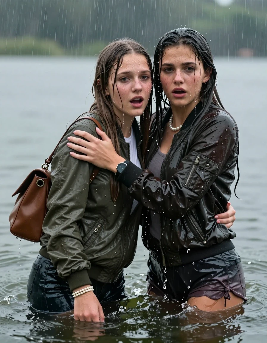 photo of young woman, in soaking wet, drenched clothes,
, , Bomber jacket , Long sleeve turtleneck sweater belly free, shoulderbag, pearl necklace, bracelet, wristwatch, Under heavy rain emerging in a lake, 
enjoying, wet clothes stuck to body,
detailed textures of the wet clothes, wet face, wet plastered hair,
wet, drenched, professional, high-quality details, full body view.
sharp focus, ultra-high pixel detail, realistic, high-quality, full colors, incredibly detailed, 4k, 8k, 16k, hyper-realistic, RAW photo, masterpiece, ultra-detailed, professionally color graded, professional photograph, Long Sleek straight hair

Two 15-years-old  teenage girl and her female  friends

Only head and shoulders are over the surface visible. Looking at camera. Open mouth. Covers her face with a hand. hugs her friend. Water running down her face and neck.

The girls wear different clothes and jackets.

she is completely underwater up to her neck, afraid and astonished expression. 

her clothing is soaking wet and clinging tightly to her skin, showing heavy wet folds, darkened fabric texture, and deep water-saturated Patches, her clothes are heavy from the water, water runs from her body and her clothes in streams. A lot of water also runs out of her clothes. Her clothes are darkened by the water. Her submerged clothes are good visible under the water.  she soaked her handbag into the water.

close up view, wet skin, wet clothes, wet hair, damp fabric, water runs down the clothes, wet skin, wet clothes, damp fabric. cinematic medium shot, hyper-realistic wetness, high-contrast water sheen, sharp focus, 16k resolution, professional photography, realistic water physics., wet skin, wet clothes, damp fabric, wet skin, wet clothes, damp fabric, wet skin, wet clothes, damp fabric, wet skin, wet clothes, damp fabric, wet skin, wet clothes, damp fabric, wet skin, wet clothes, damp fabric, wet skin, wet clothes, damp fabric, wet skin, wet clothes, damp fabric, wet skin, wet clothes, damp fabric, wet skin, wet clothes, damp fabric, wet skin, wet clothes, damp fabric