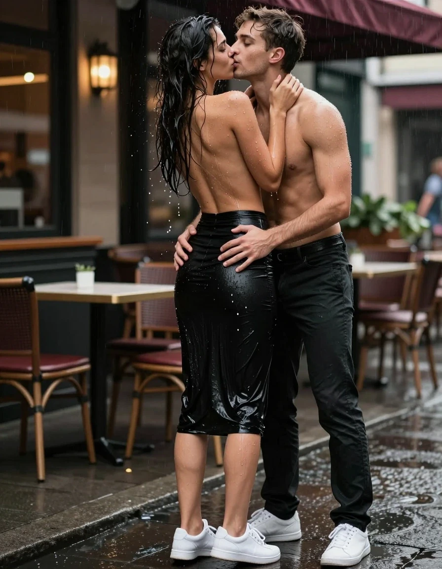 photo of young woman, in soaking wet, drenched clothes,
White sneakers, , Black midi skirt, soaked and clinging,, Topless, no bra, sheer and drenched, visible water droplets, no bra,, outdoor cafe frontage, urban sidewalk, rainy atmosphere, 
enjoying, wet clothes stuck to body,
detailed textures of the wet clothes, wet face, wet plastered hair,
wet, drenched, professional, high-quality details, full body view.
sharp focus, ultra-high pixel detail, realistic, high-quality, full colors, incredibly detailed, 4k, 8k, 16k, hyper-realistic, RAW photo, masterpiece, ultra-detailed, professionally color graded, professional photograph, Rear view of a woman in an office rush frantically, her hair is very wet and dropping, she looks very erotic, she wears no bra, water is droping out of her clothes, she wears a black midi skirt, the young woman is standing in the rain, a shirtless young man is standing in front of the young woman, they hug each other, he lays both hands on her skirt on her butt, she kisses him with very passionately on his mouth, she likes it very much, her eyes are open, photorealistic lifestyle photography, rich natural color, balanced bright exposure, moderate contrast, softly lifted shadows, high-fashion editorial style, cinematic medium shot with shallow depth of field., wet skin, wet clothes, damp fabric