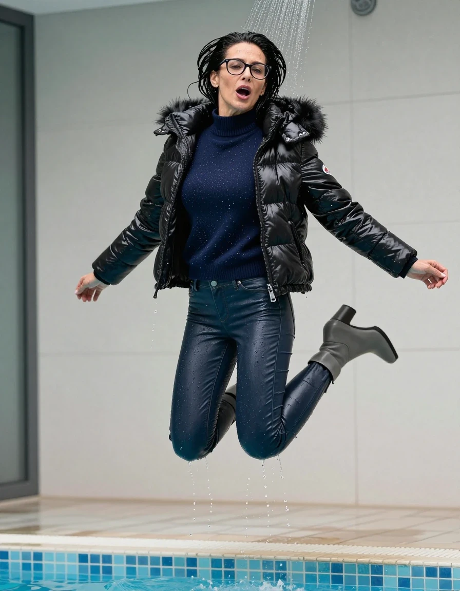 photo of young woman, in soaking wet, drenched clothes,
gray heeled boots, long back leather jeans, dark blue sweater with neck, maxi black Moncler Shiny puffer down jacket with fur, jumping and taking shower after bath in indoor pool, enjoying wet clothes stuck body, enjoying, wet clothes stuck to body, 
enjoying, wet clothes stuck to body,
detailed textures of the wet clothes, wet face, wet plastered hair,
wet, drenched, professional, high-quality details, full body view.
sharp focus, ultra-high pixel detail, realistic, high-quality, full colors, incredibly detailed, 4k, 8k, 16k, hyper-realistic, RAW photo, masterpiece, ultra-detailed, professionally color graded, professional photograph, europen brunette skinny woman 50 years old, long dark black hair, office glasses, very big and thick lips, open mouth, complete body, wet skin, wet clothes, damp fabric, wet skin, wet clothes, damp fabric, wet skin, wet clothes, damp fabric, wet skin, wet clothes, damp fabric, wet skin, wet clothes, damp fabric, wet skin, wet clothes, damp fabric, wet skin, wet clothes, damp fabric