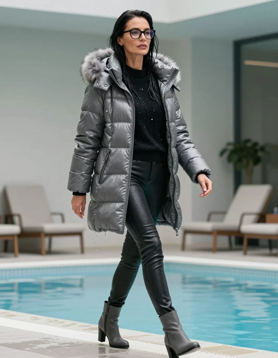 photo of young woman, in soaking wet, drenched clothes,
gray heeled boots, long back leather jeans, black sweater with neck, maxi gray Moncler Shiny puffer down jacket with fur, walking and taking shower after bath in indoor pool, enjoying wet clothes stuck body, enjoying, wet clothes stuck to body, 
enjoying, wet clothes stuck to body,
detailed textures of the wet clothes, wet face, wet plastered hair,
wet, drenched, professional, high-quality details, full body view.
sharp focus, ultra-high pixel detail, realistic, high-quality, full colors, incredibly detailed, 4k, 8k, 16k, hyper-realistic, RAW photo, masterpiece, ultra-detailed, professionally color graded, professional photograph, europen brunette skinny woman 50 years old, long dark black hair, office glasses, very big and thick lips, complete body, wet skin, wet clothes, damp fabric, wet skin, wet clothes, damp fabric, wet skin, wet clothes, damp fabric, wet skin, wet clothes, damp fabric, wet skin, wet clothes, damp fabric, wet skin, wet clothes, damp fabric, wet skin, wet clothes, damp fabric